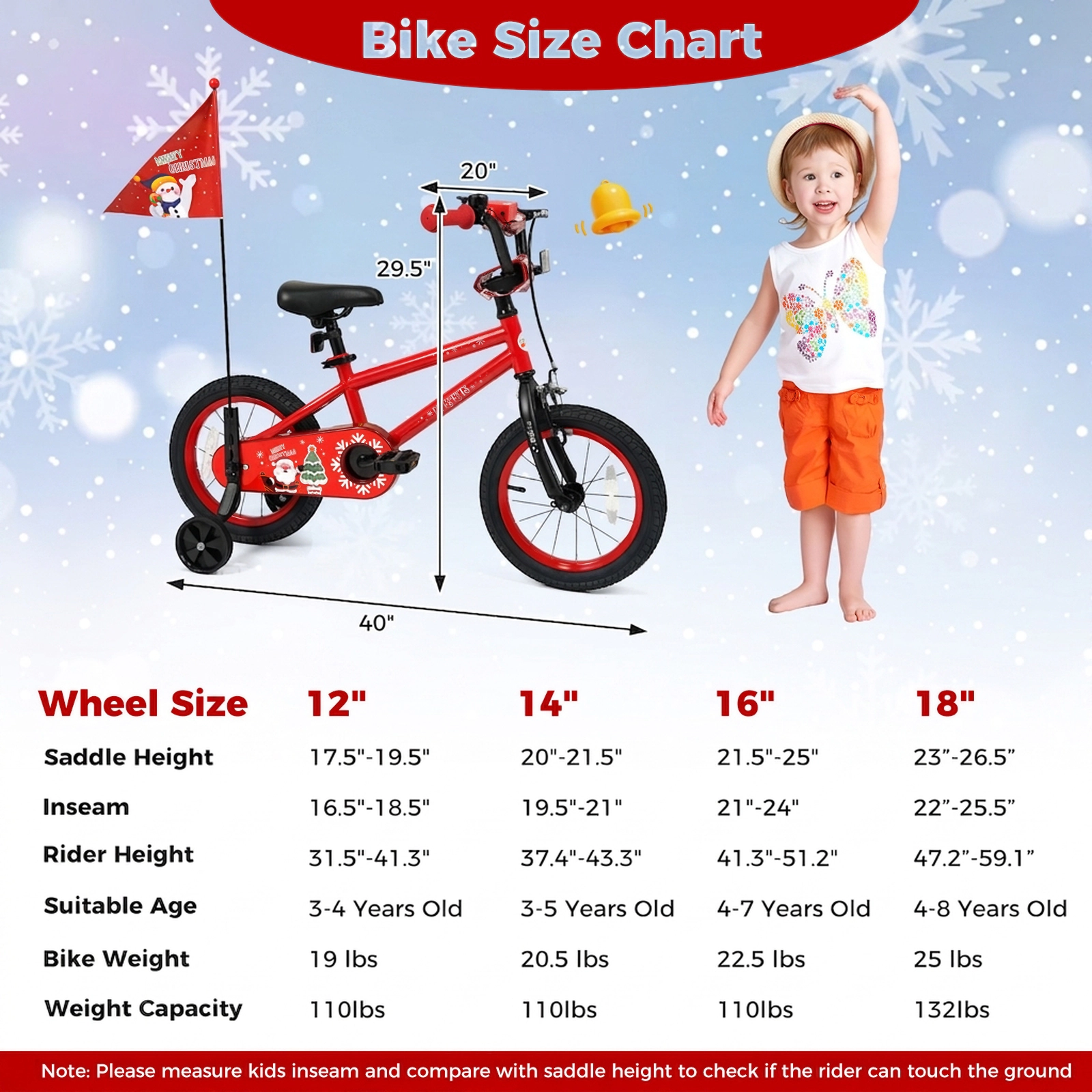 SUGIFT Adjustable 14-In Kids Bicycle with Training Wheels Christmas Music Flag 110-lb Capacity Ages 3-5 Red