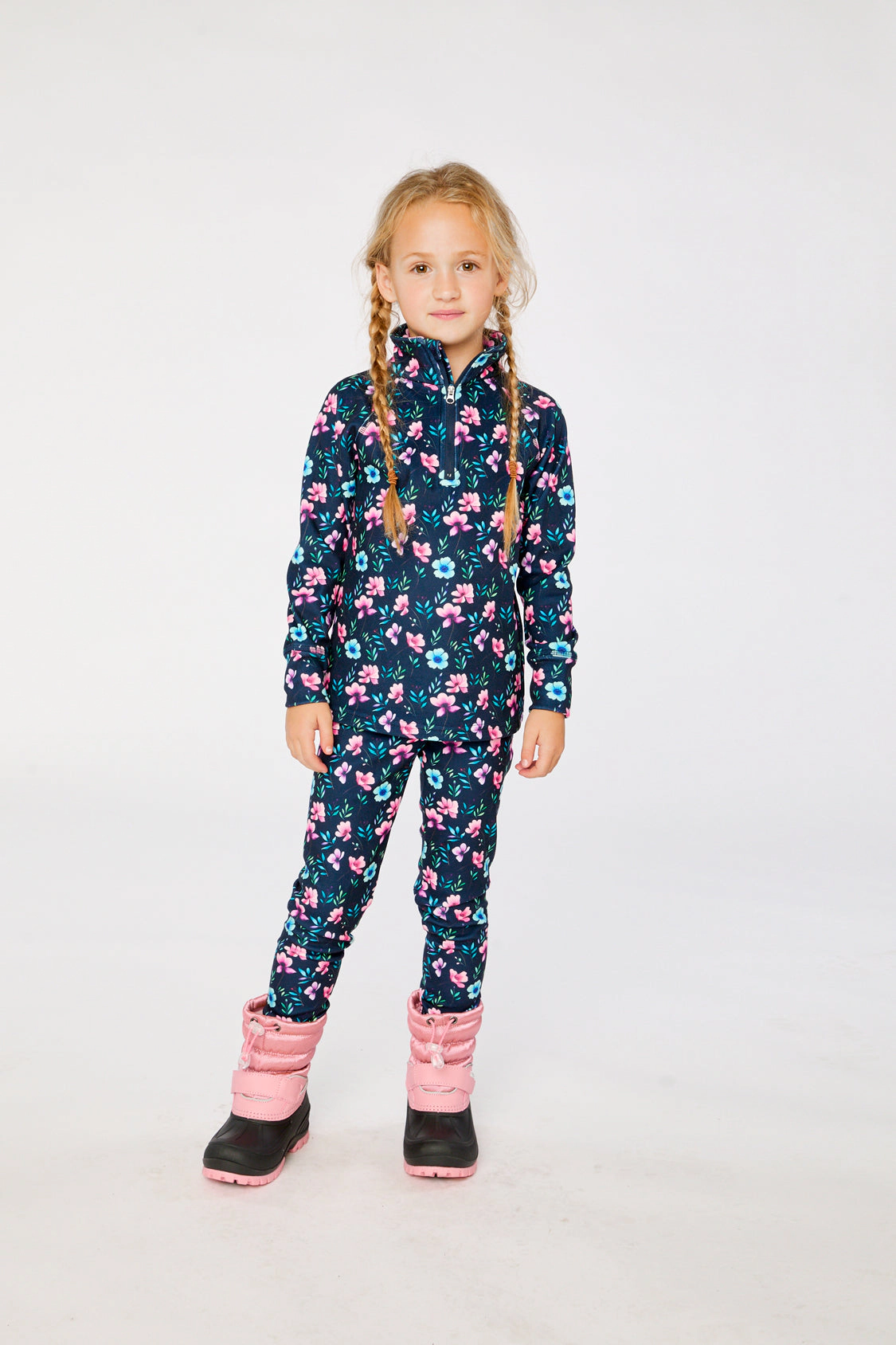 Deux par Girls Two Piece Floral Print Half-Zip Thermal Underwear Top and Pants Set