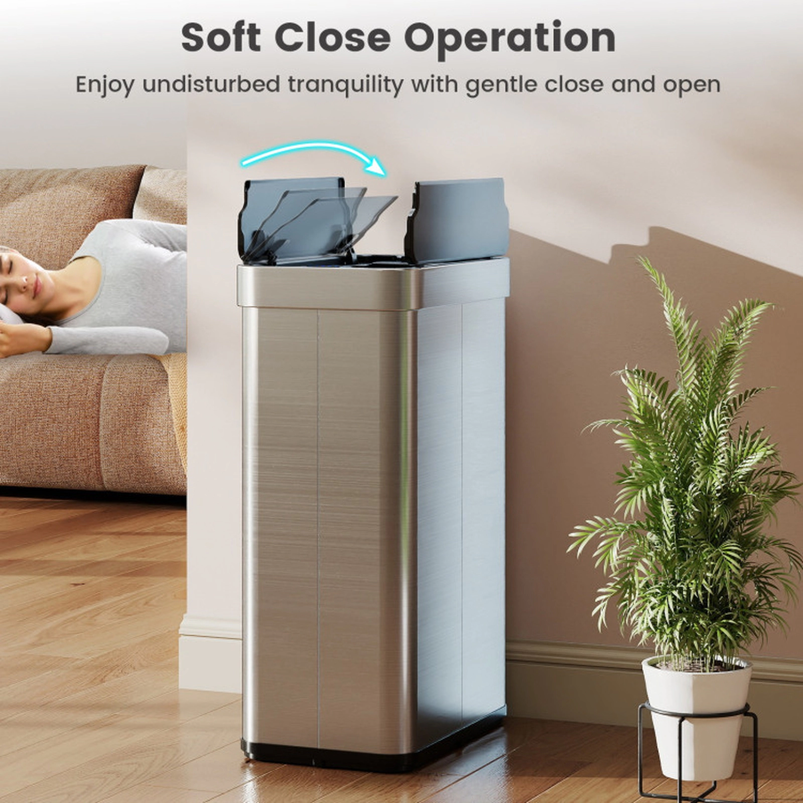 SUGIFT 16-Gal Motion Sensor Touchless Wing Lids Slim Kitchen Trash Can 16-in x 10.5-in x 26-in 30-in Open Silver