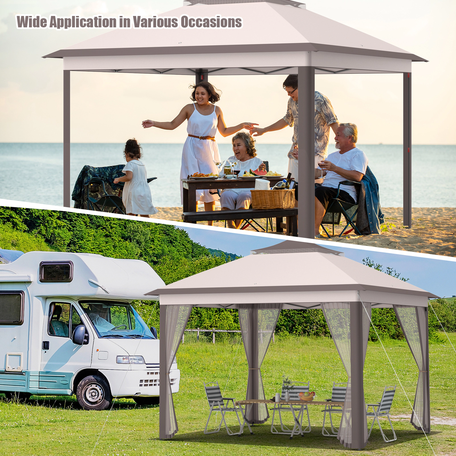 SUGIFT 11-ft x 11-ft Beige 2-Tier Pop Up Gazebo Canopy Tent with Mesh Screens and Carry Bag for Patio