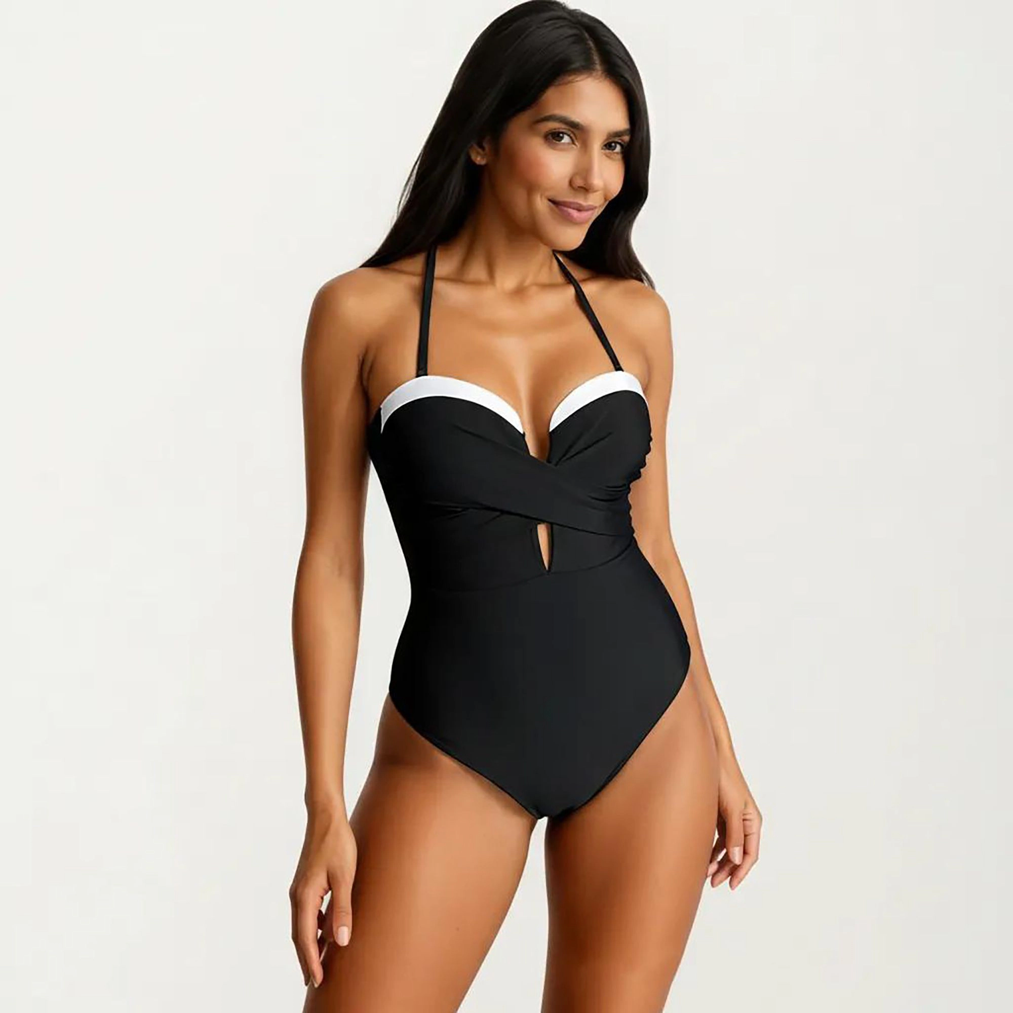 Anna-Kaci Women’s Halter Twist-Front One-Piece Swimsuit with Contrast Trim