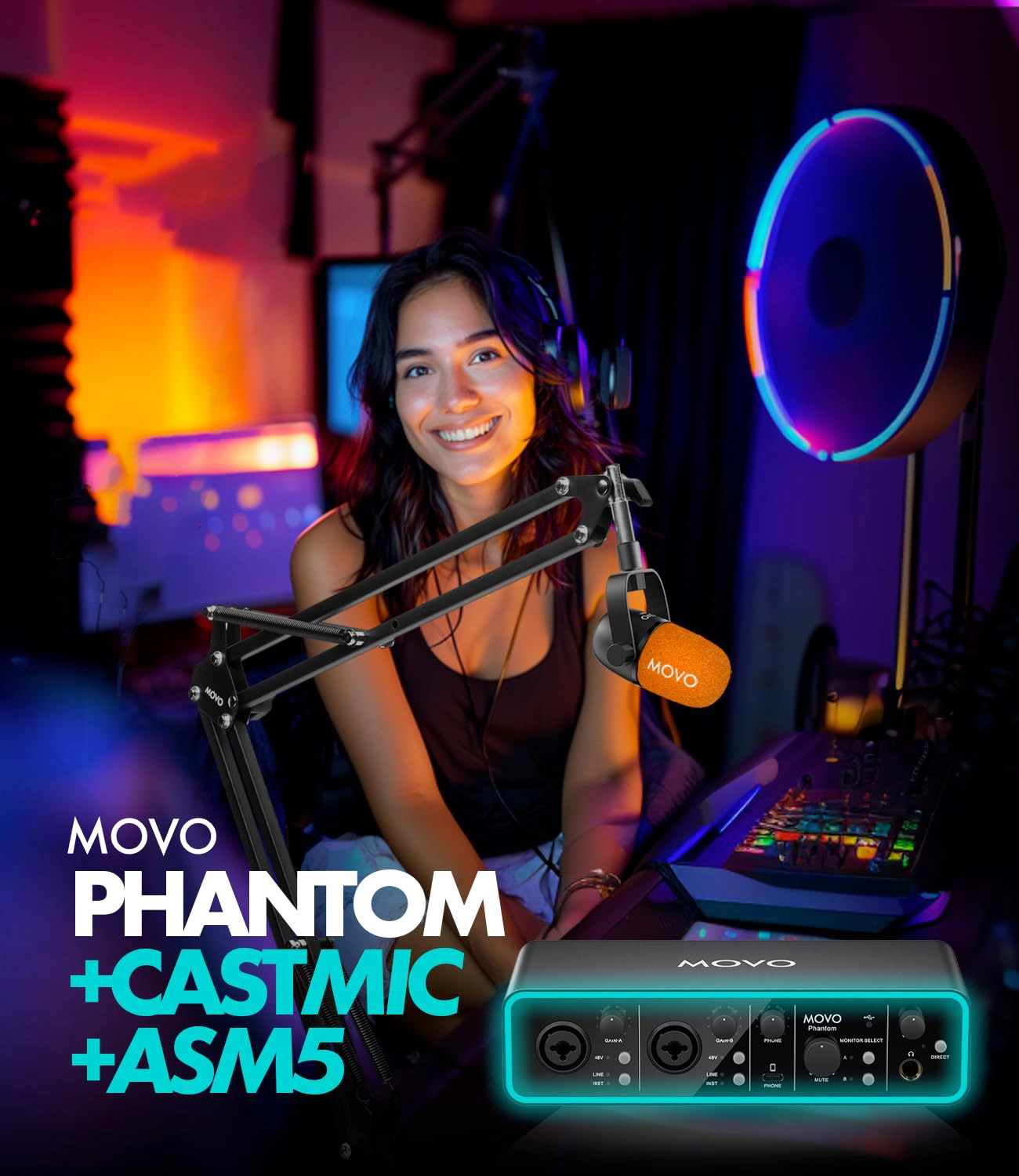 Movo Music Audio Interface Bundle - Phantom USB Audio Interface, CastMic XLR Dynamic Microphone, and Boom Arm