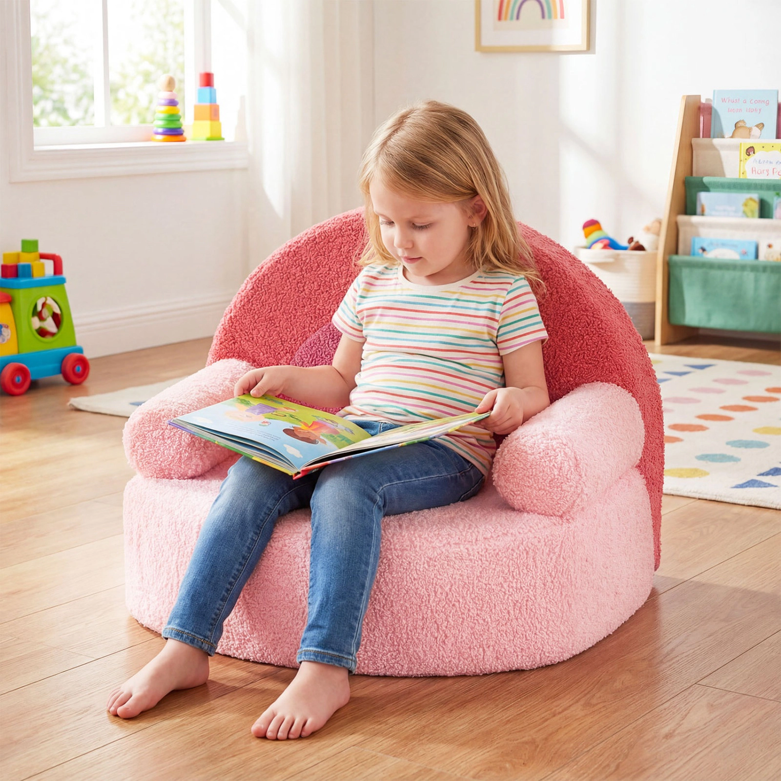 SUGIFT Pink Rainbow Back and Teddy Fleece Cover Kids Foam Couch Toddler Armchair
