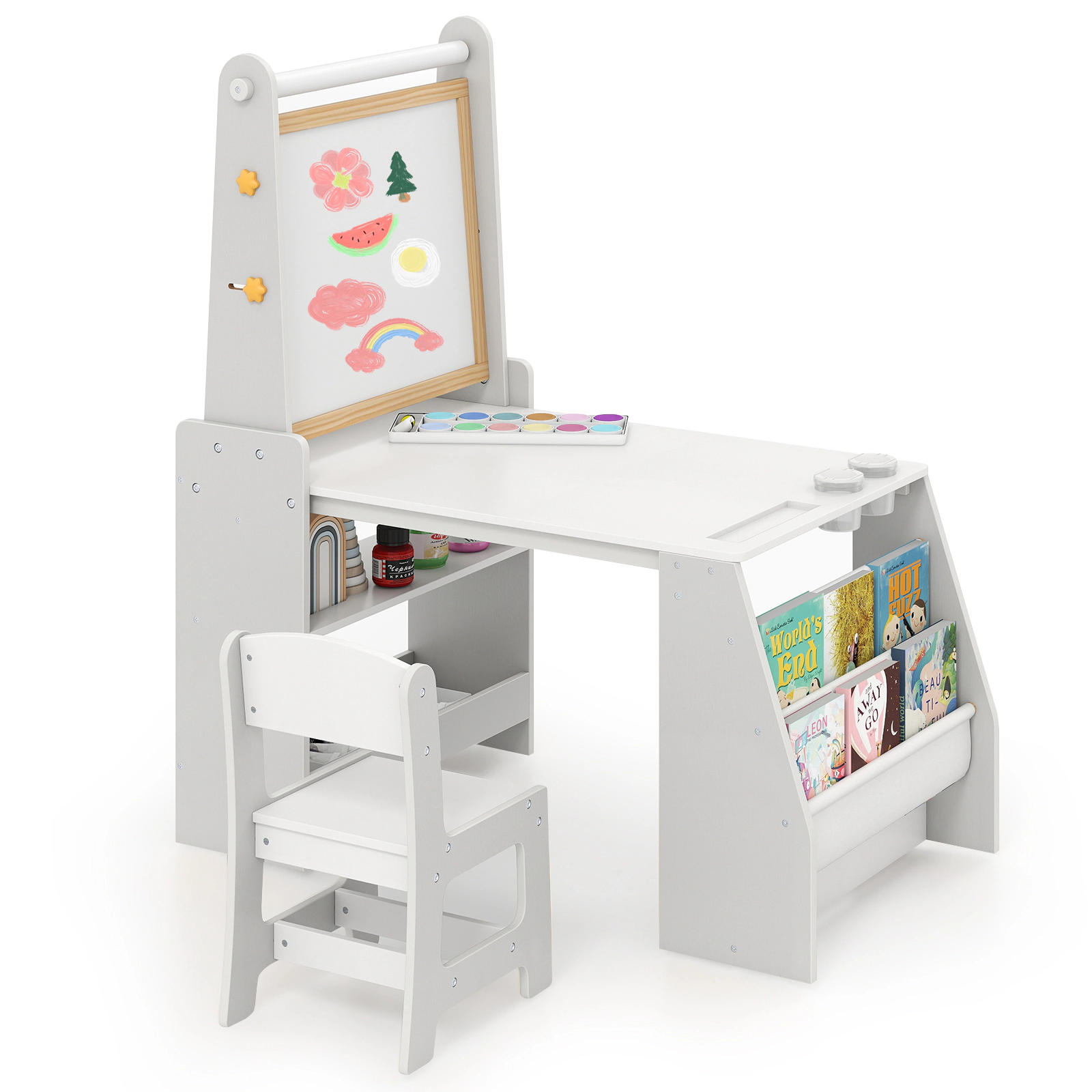 SUGIFT Kids Art Table and Chair Set with Easel 110-lb Tabletop Capacity with Bookshelf and Storage Gray White Natural