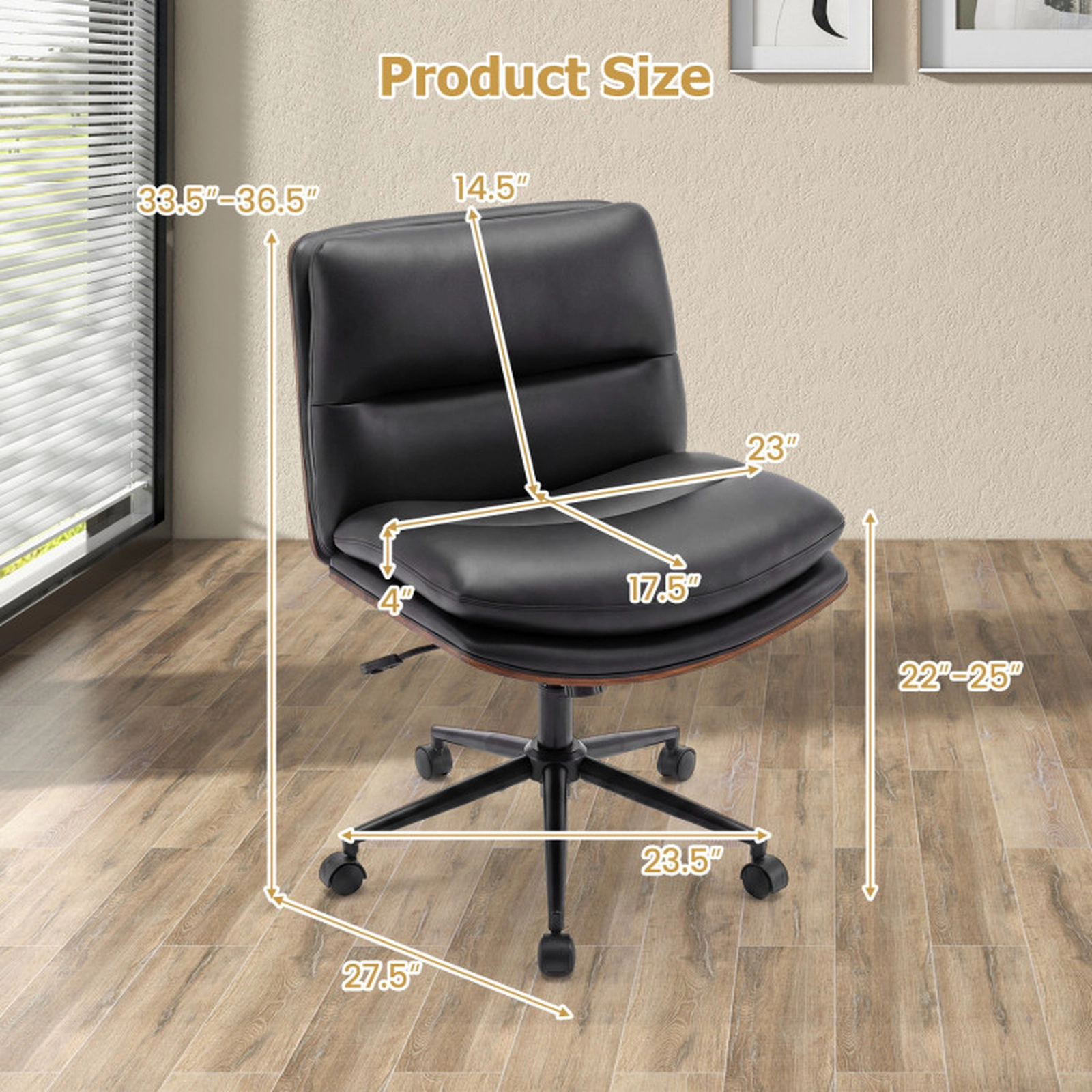 SUGIFT Curved Back Armless Office Chair 245-lb Capacity Adjustable 22-25-in Seat Height Black White
