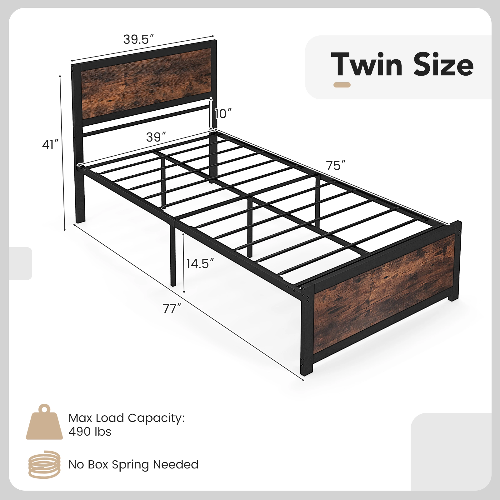 SUGIFT Sprayed Metal Twin Bed Frame with High Headboard and Mute Bars 490-Lb Capacity 77-in Length Rustic Brown & Black