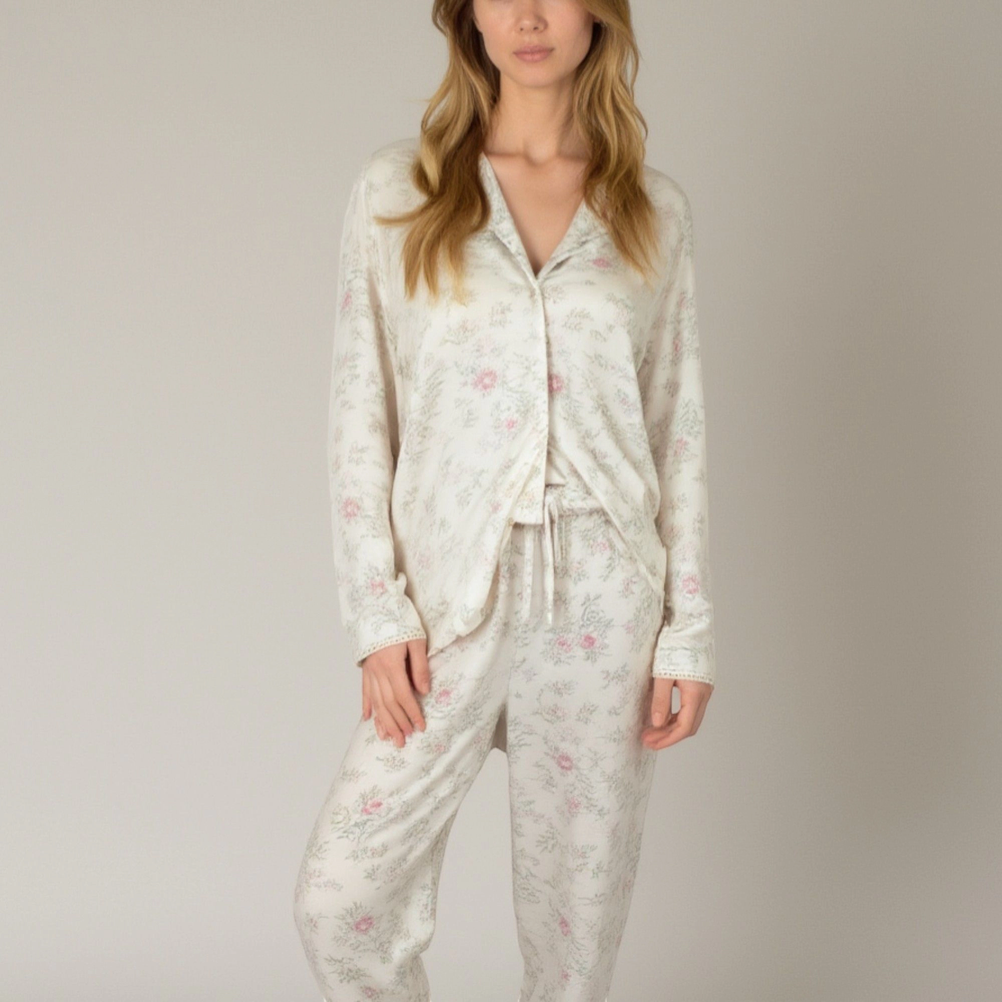 Anna-Kaci Women's Soft Brushed Pajama Set with Subtle Floral Print Long Sleeve Button Up Top and Drawstring Pants