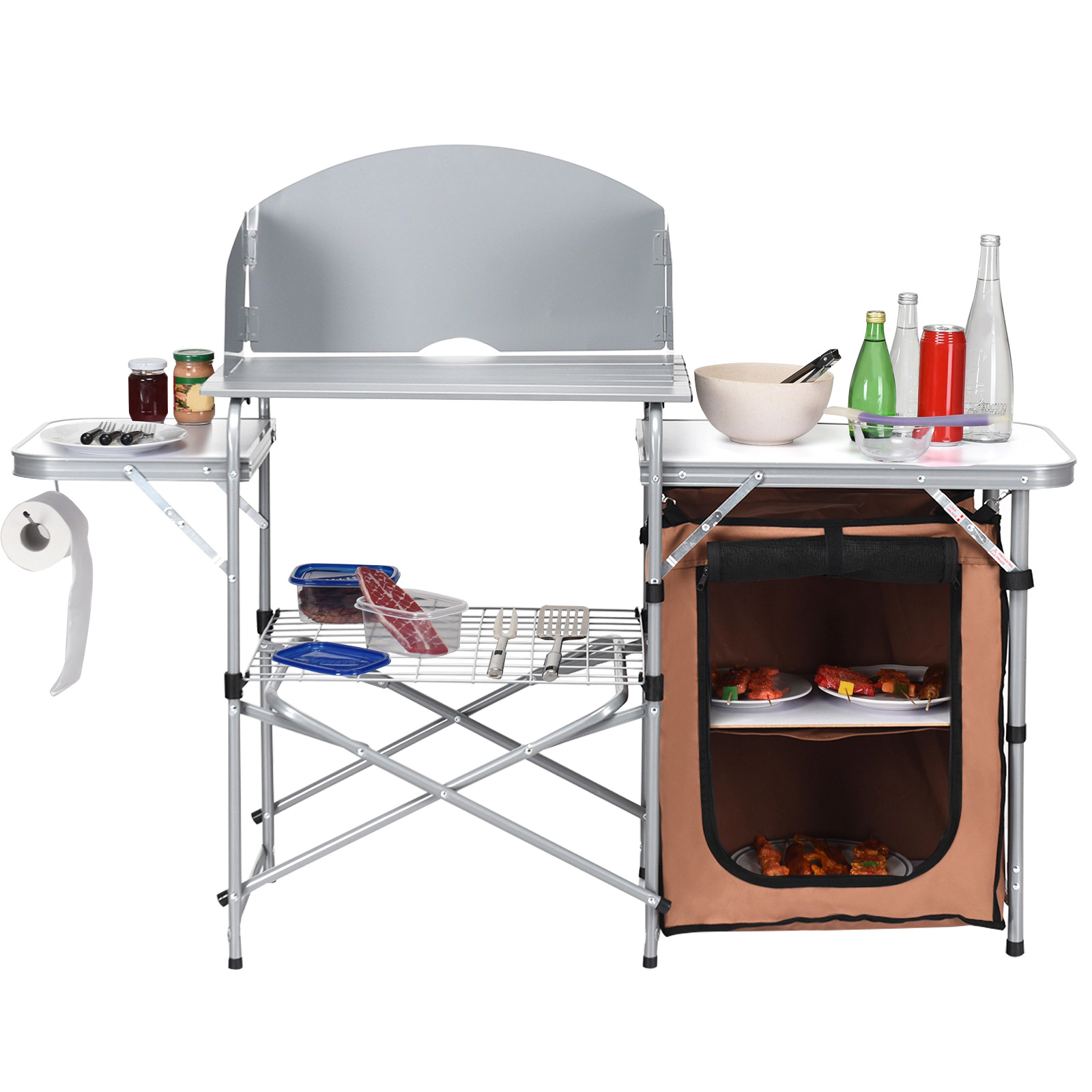 LJG Foldable Outdoor BBQ Portable Grilling Table with Windscreen Bag