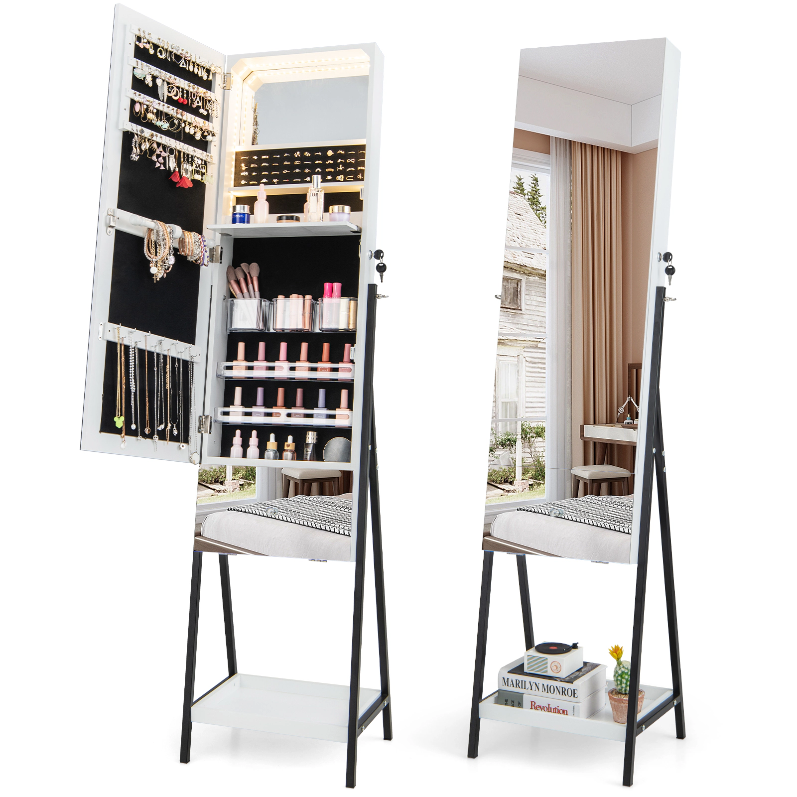 Slickblue 65 Inch Freestanding Lockable Jewelry Cabinet with Full-Length Mirror, LED Lights and Storage Drawer