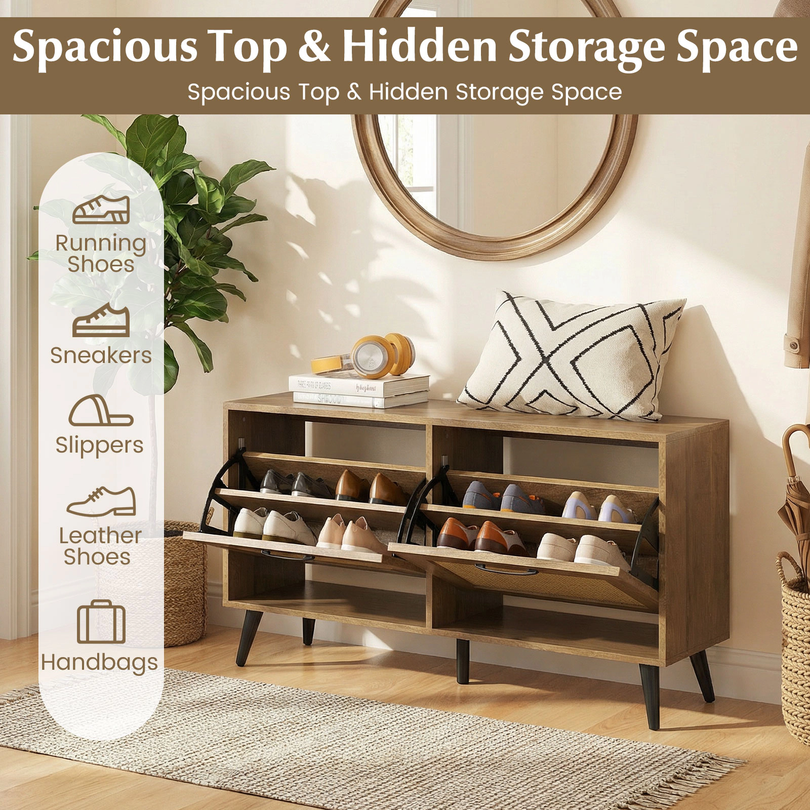 SUGIFT Freestanding Shoe Cabinet with 2 Flip Drawers and Adjustable Shelves 110-lb Top Capacity 33-lb Shelves Natural