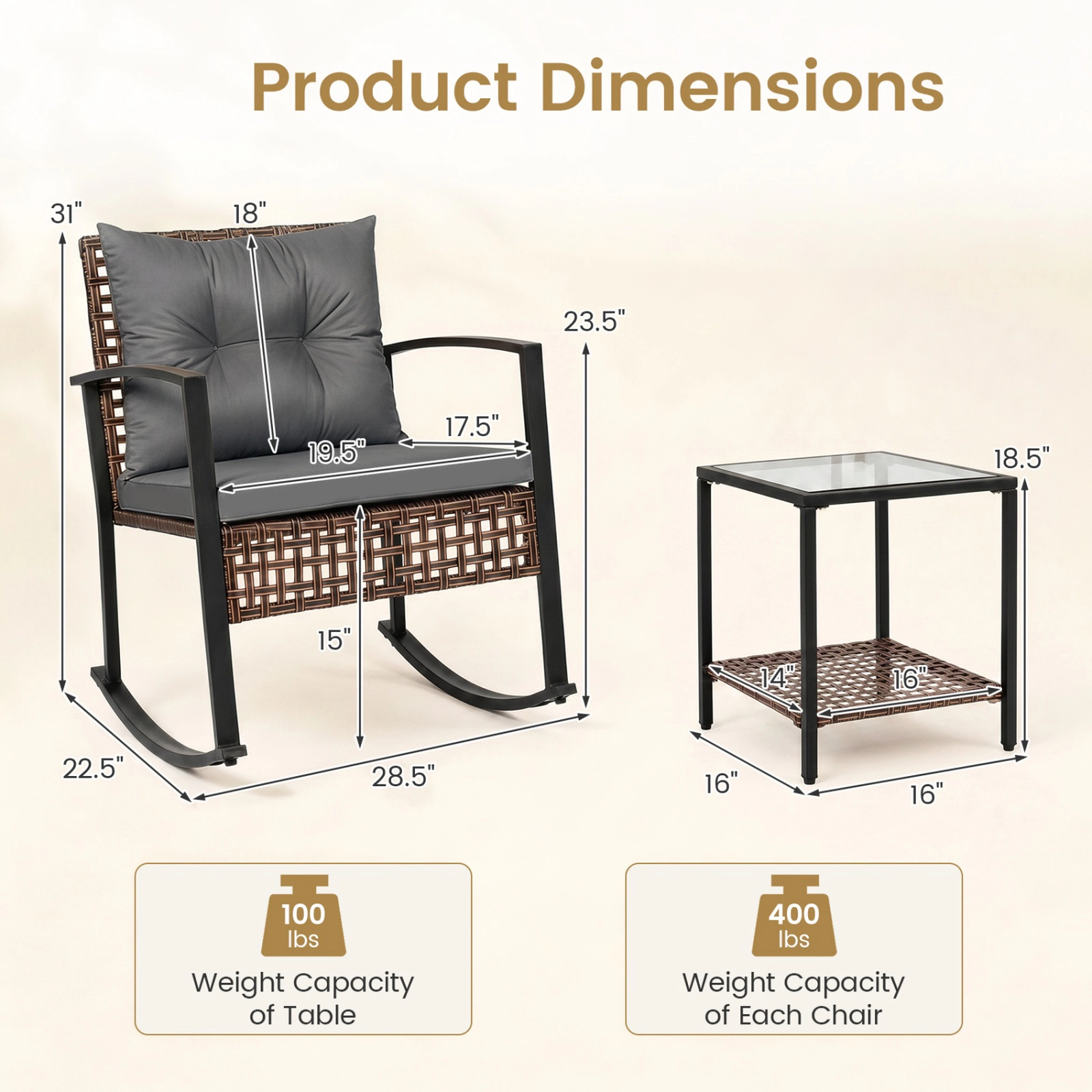 SUGIFT Outdoor Rocking Chair and Coffee Table Patio Dining Set 400-lb Chair Capacity Mixed Brown with Gray Cushions