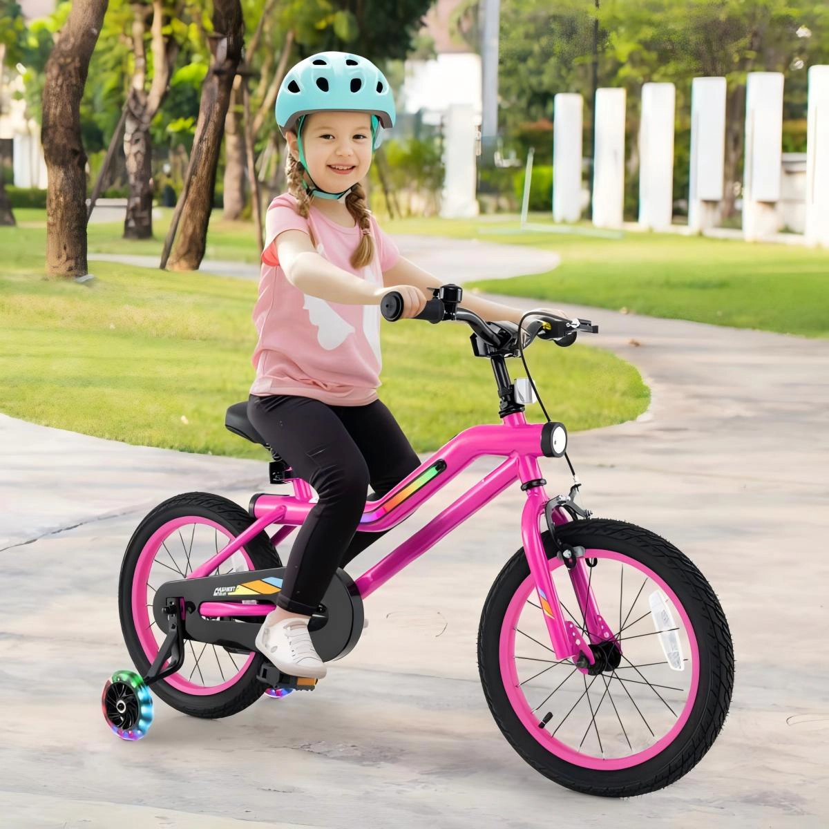 SUGIFT Pink Training Wheels Headlight and Padded Seat Kids 16 Inch LED Lighted Bike