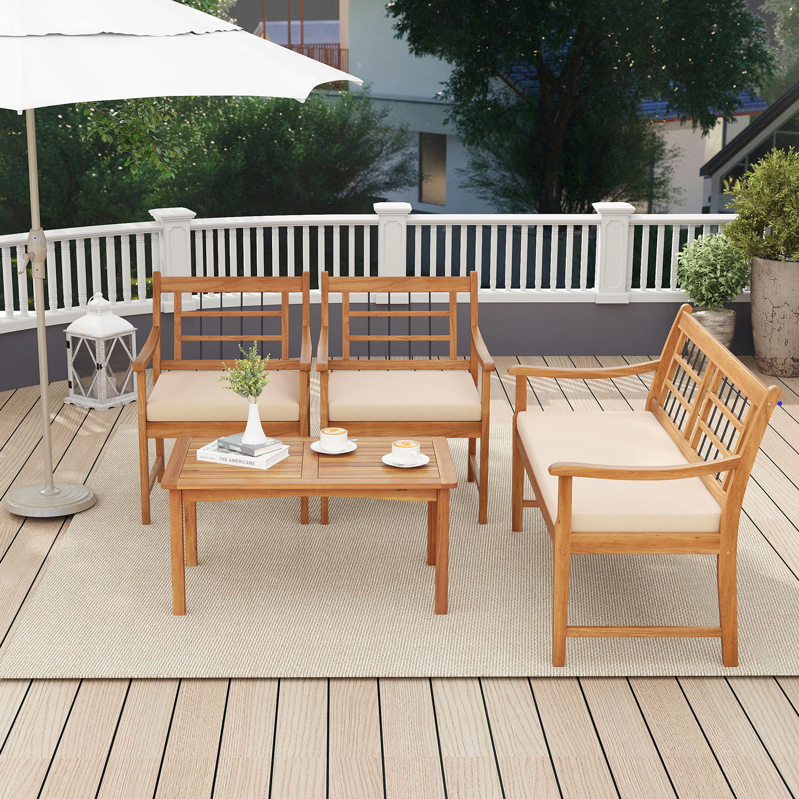 SUGIFT 4-Piece Acacia Wood Patio Furniture Set with Loveseat, 2 Armchairs, Coffee Table and Off-White Cushions