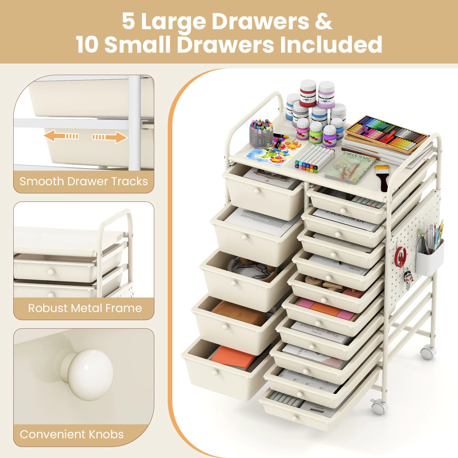 SUGIFT White 34-in 15-Drawer Rolling Cart Craft Organizer with Pegboard Metal Tabletop and Locking Wheels