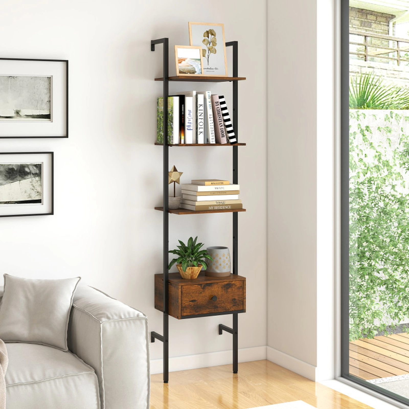 SUGIFT 5-Tier 70-in Tall Ladder Shelf Bookshelf with Storage Drawer Powder-Coated Frame and 4 Toppling Kits