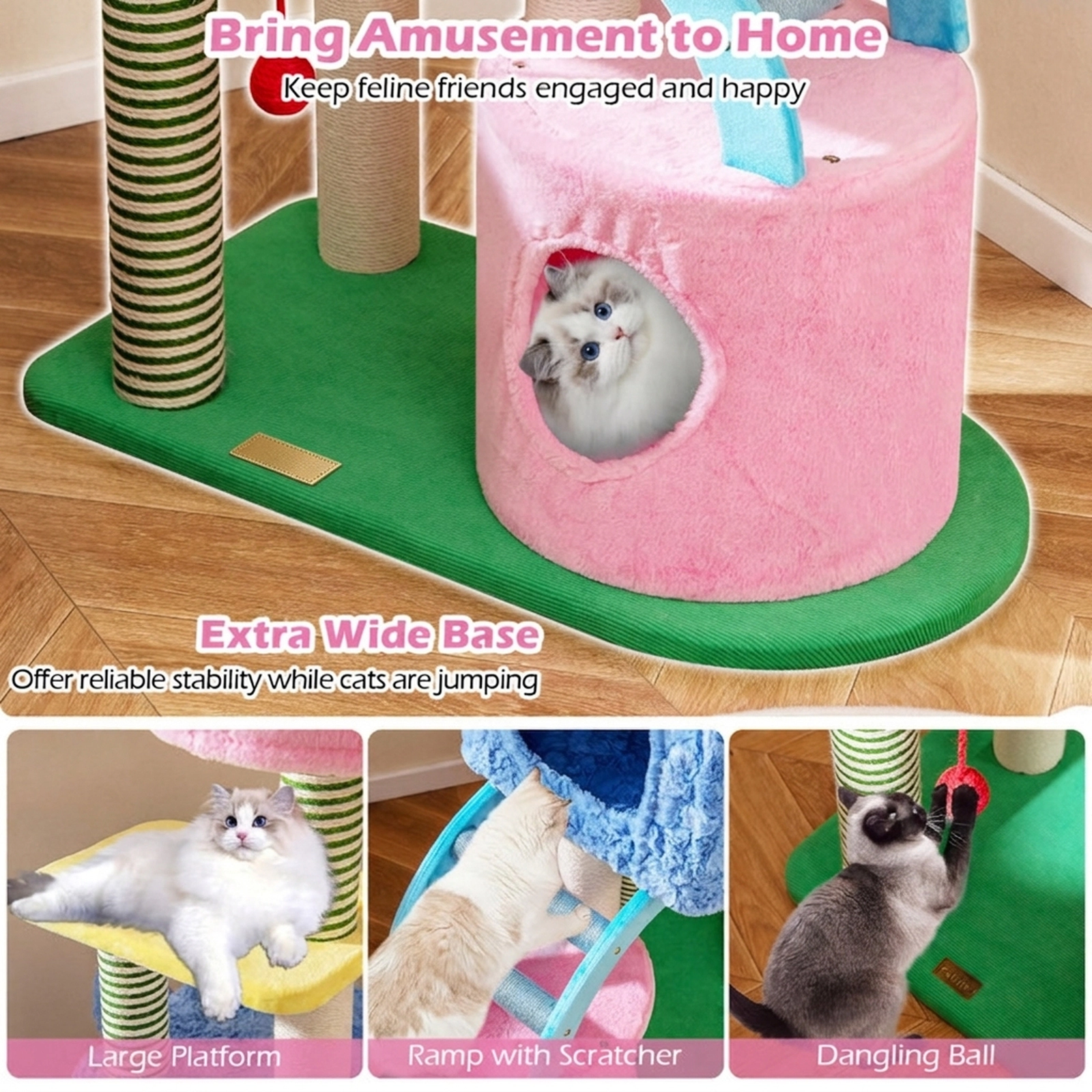 SUGIFT 60-in 22-lb Per Layer Elephant Cat Tree with 2 Condos Scratcher Ramp and Anti-tipping Device