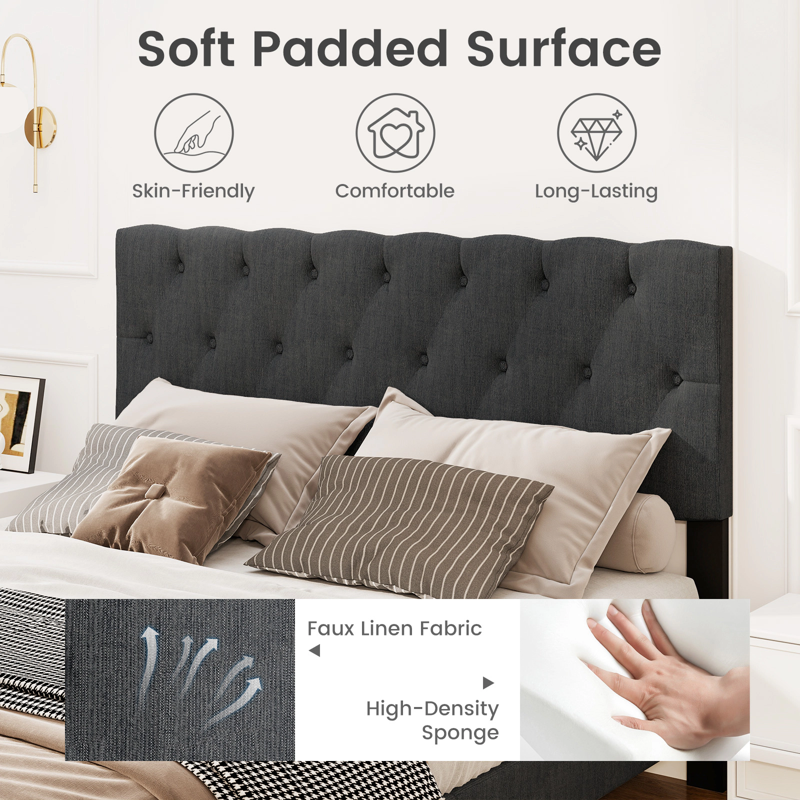 SUGIFT Upholstered Platform Bed Frame with Tufted 44-in Headboard 800-lb Capacity Gray Queen Size