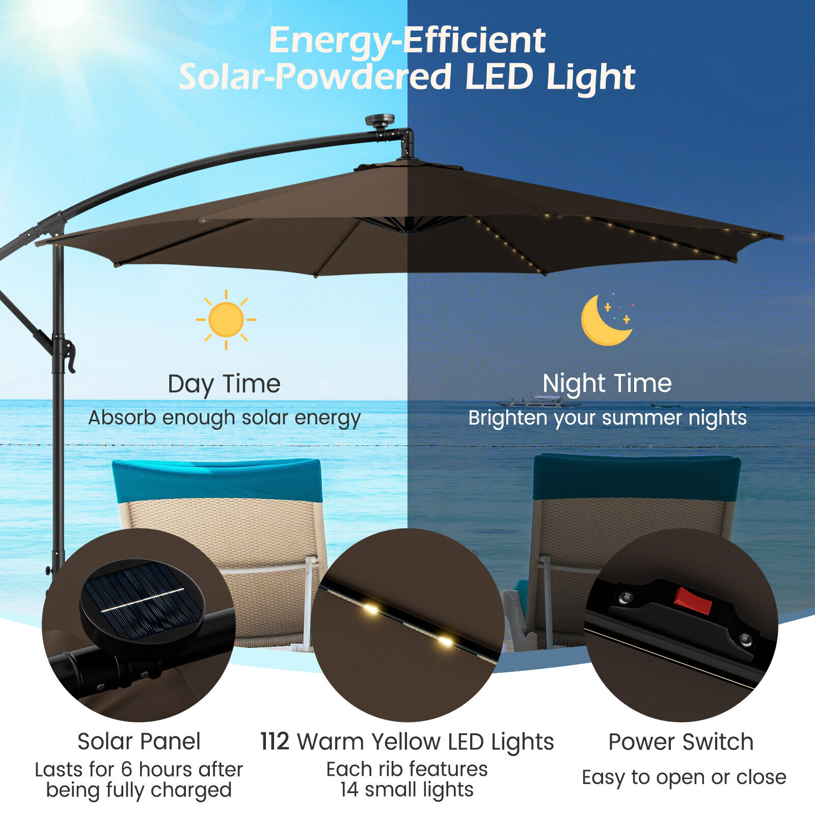 SUGIFT 112 Solar LED Lights and Crank Lift 10 FT Offset Cantilever Patio Umbrella