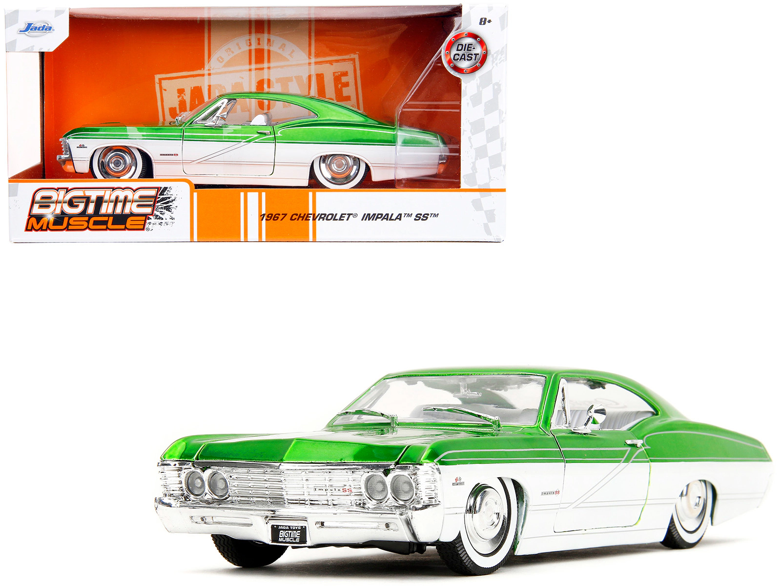 Jada 1967 Chevrolet Impala Ss Green Metallic And White With White Interior "Bigtime Muscle" Series 1/24