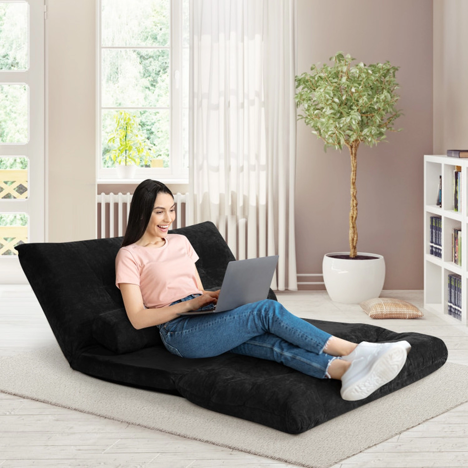 SUGIFT 6-Position 2 Pillows Ribbed Corduroy Convertible Floor Sofa Bed 71-in x 42.5-in x 7-in 330-lb Capacity Black