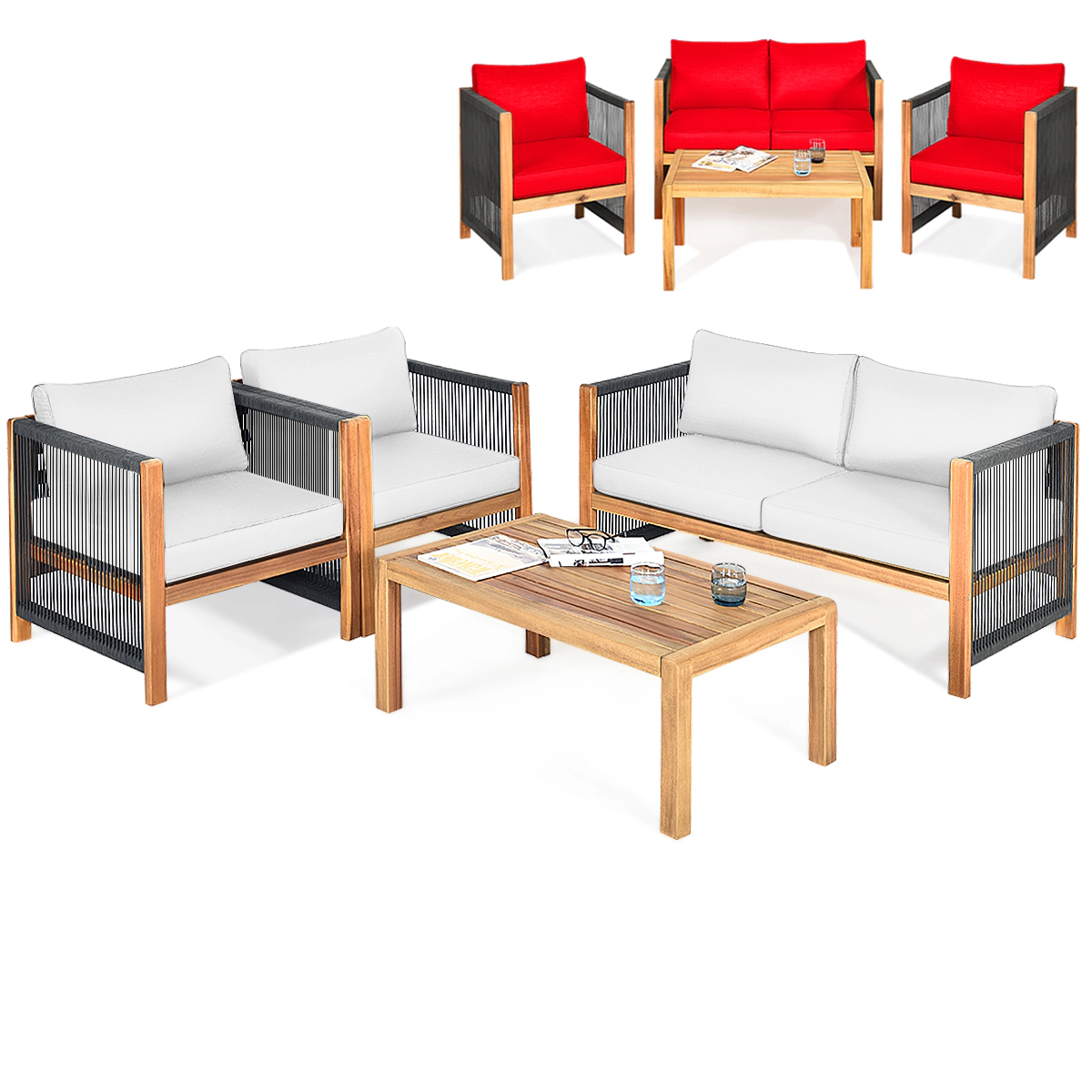 LJG 4 Pieces Wood Outdoor Patio Furniture Set with Cushions for Garden