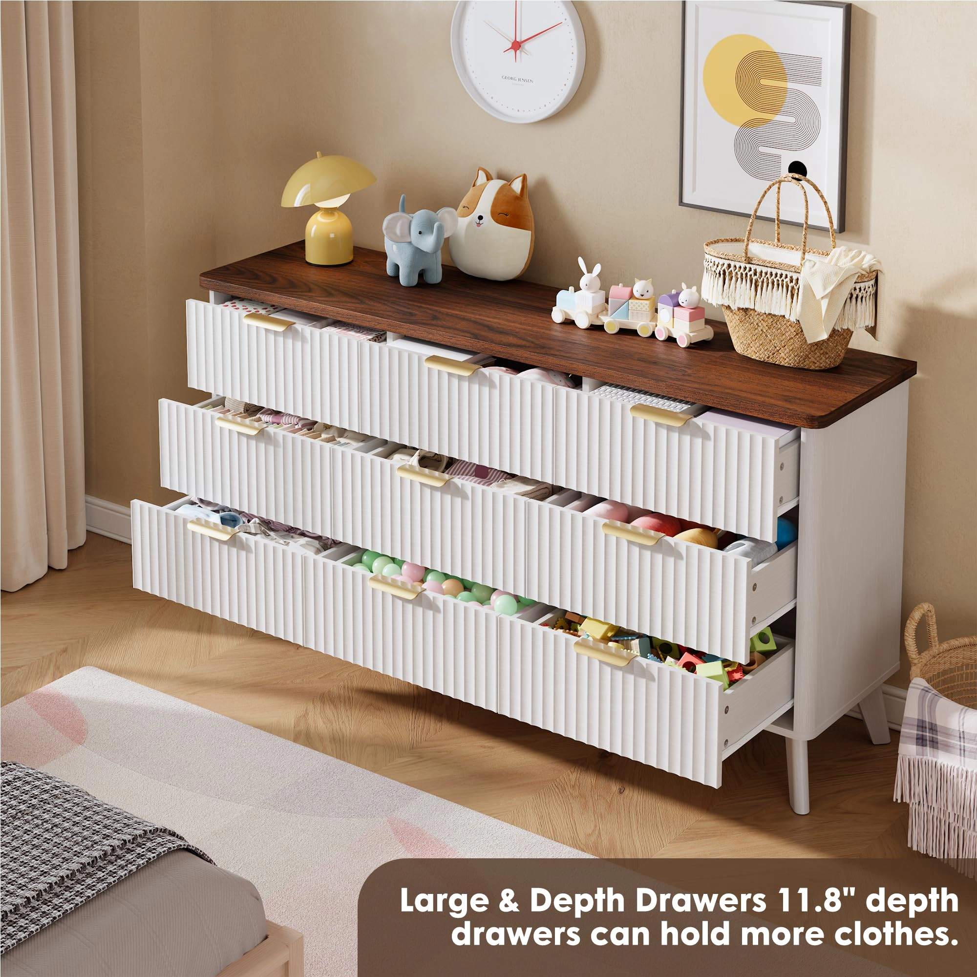 Fluted 9 Drawer Dresser, Curved Profile Design 60.6" Wide  Wooden Chest & TV Stand for Bedroom Living Room