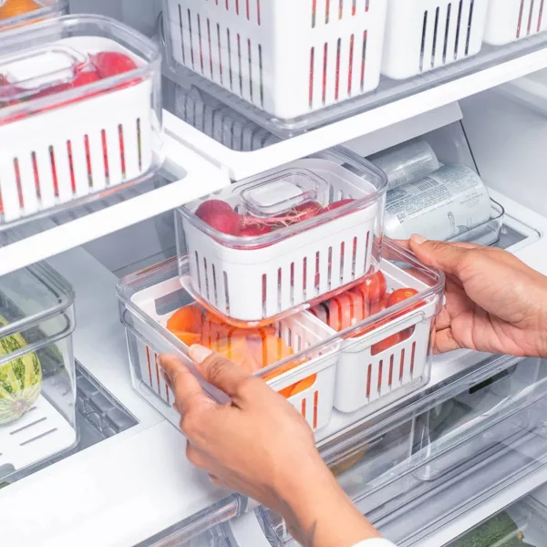 OU Fridge Organizer Bin w/ Drain Baskets & Vented Lid, 2.3qt Clear Stackable Refrigerator Storage Container, BPA Free