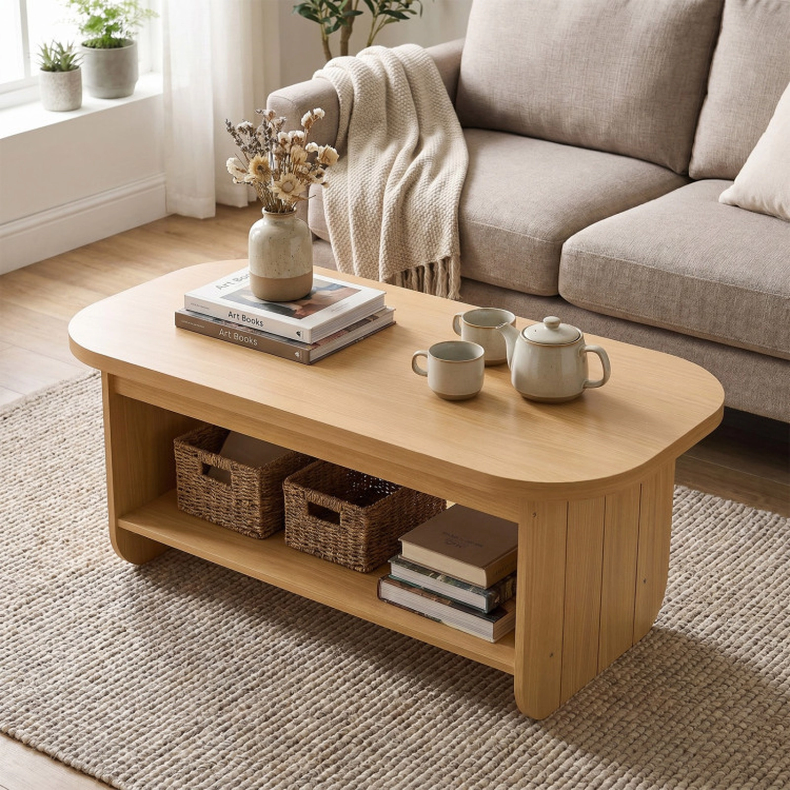 SUGIFT 2-Tier Oval Fluted Engineered Wood Mid Century Coffee Table 47-in x 24-in x 17.5-in 132-lb Capacity Natural