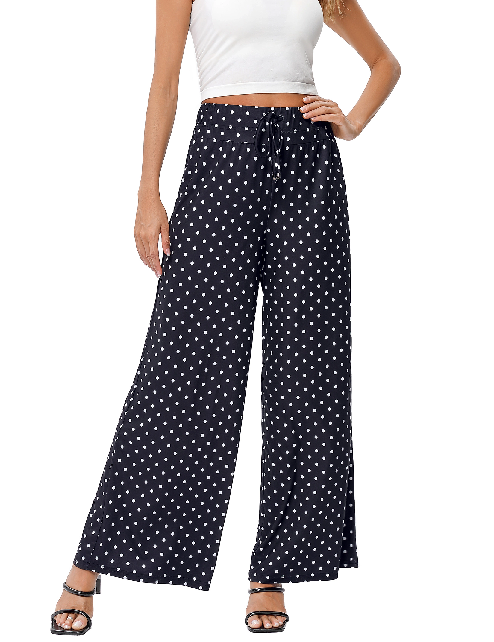 KOJOOIN Women's Wide Leg Pants Flowy Elastic High Waist Lounge Drawstring Long Palazzo Trousers