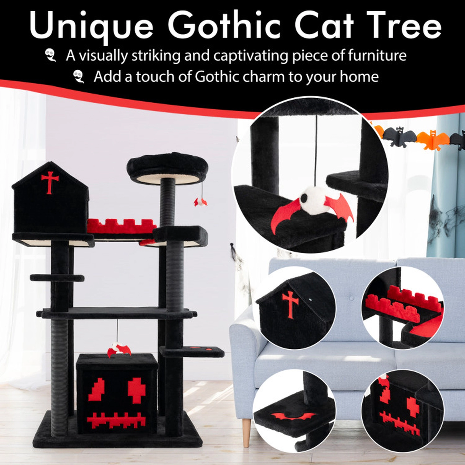 SUGIFT 49-in 6-Tier Gothic Cat Tree Tower with 2 Condos Fenced Coffin Bed 15-in Top Perch and Sisal Posts