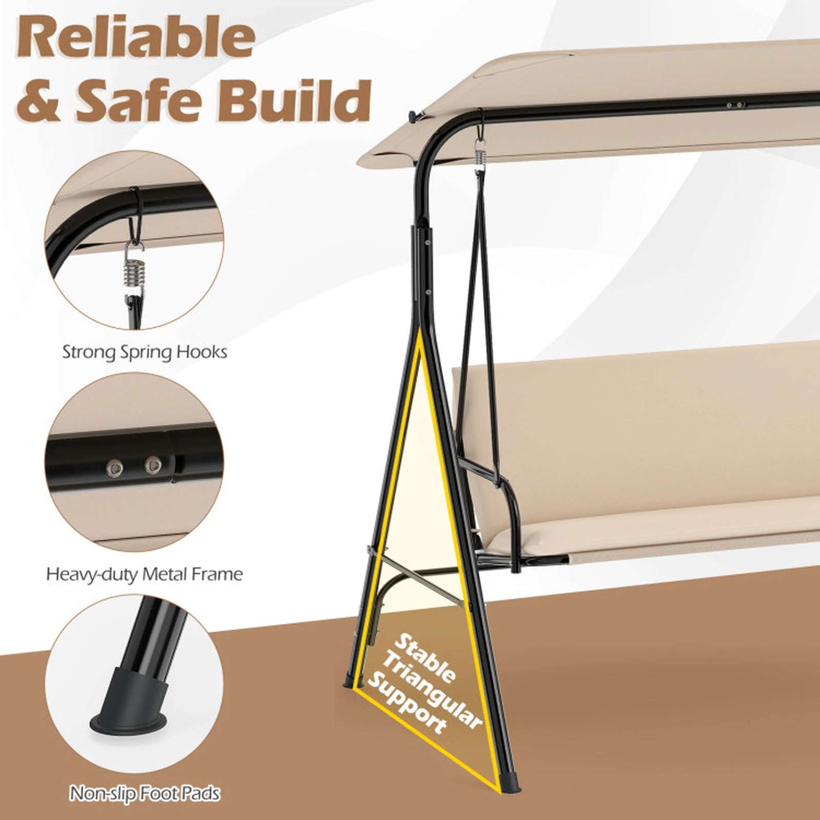 SUGIFT Beige 3-Seat Patio Swing with Breathable Mesh, Removable Cushion, Adjustable Canopy, 800 lb Capacity