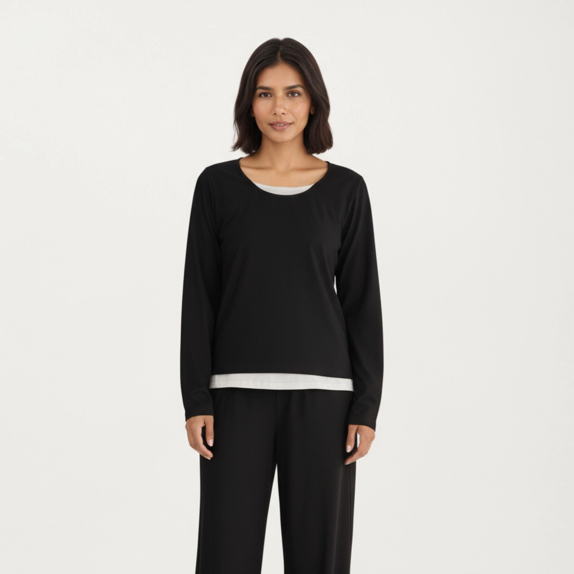 Anna-Kaci Women's 2-Piece Long Sleeve Scoop Neck Top with Contrast Layered Hem and Wide Leg Pants