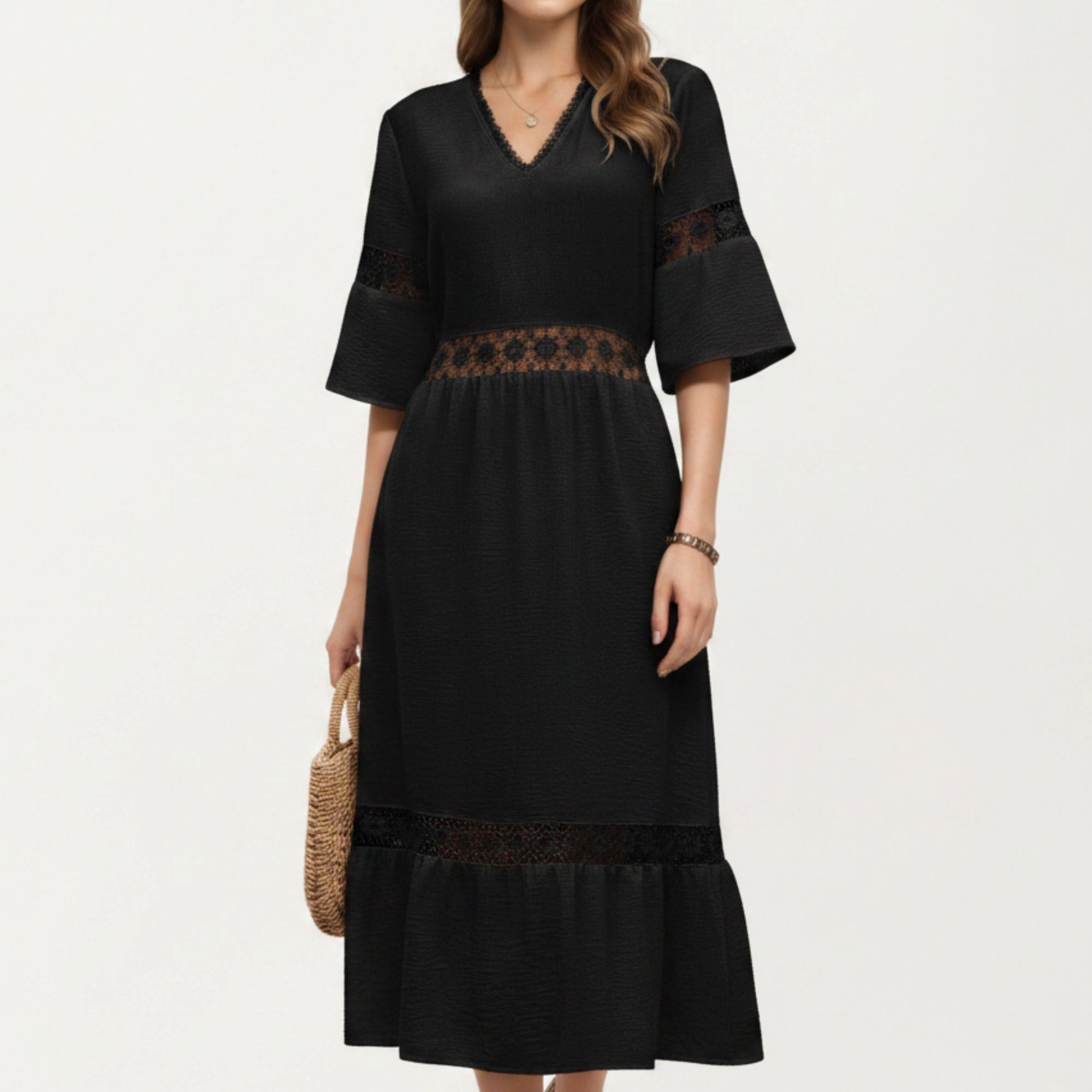 Anna-Kaci Women's V-Neck Lace Trim Paneling Short Wide Sleeves Midi Dress