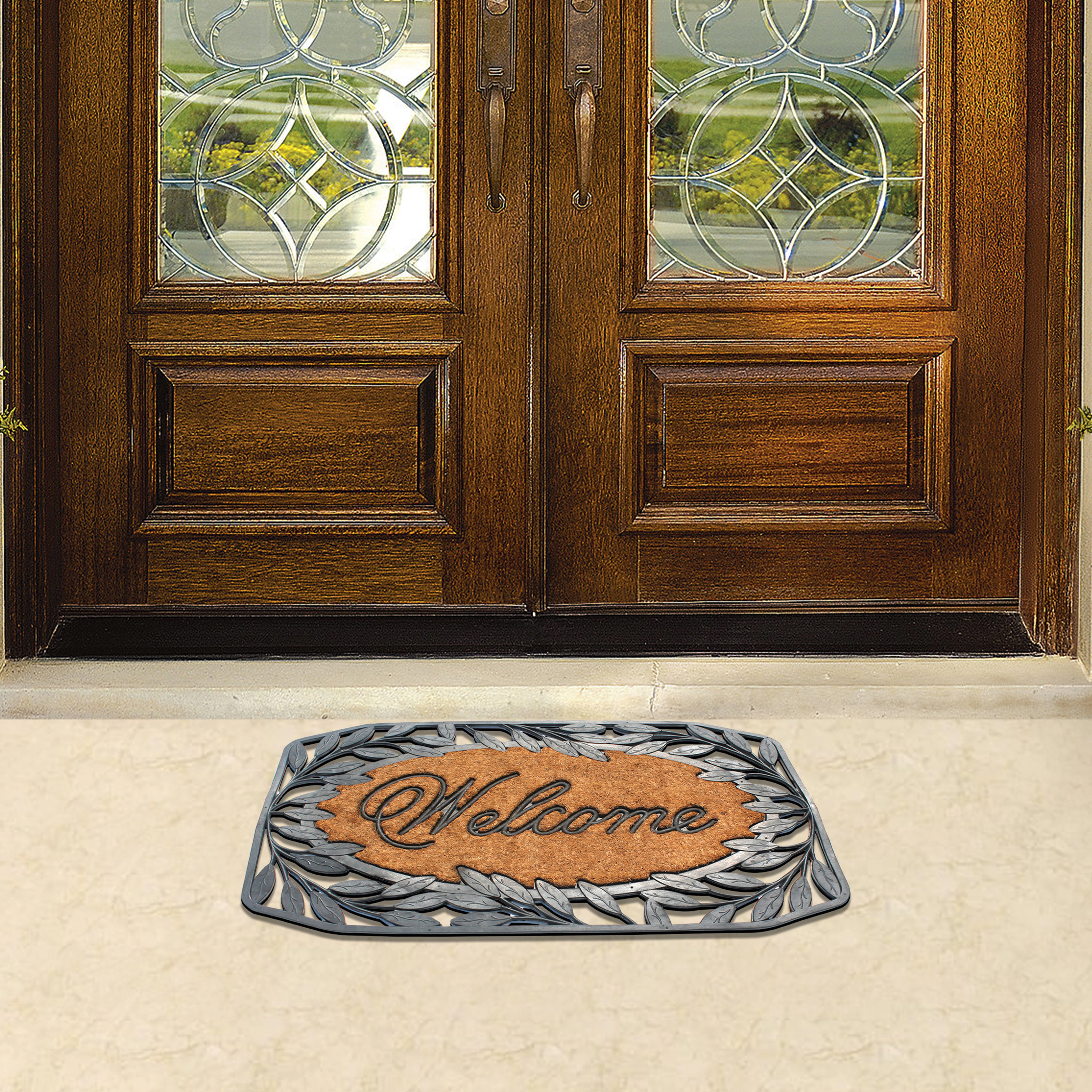 A1 Home Collections Oval Coir and Rubber Door Mat 38x23 Inches Anti-Shed Heavy Duty Non-Slip Leaf Border Welcome Black