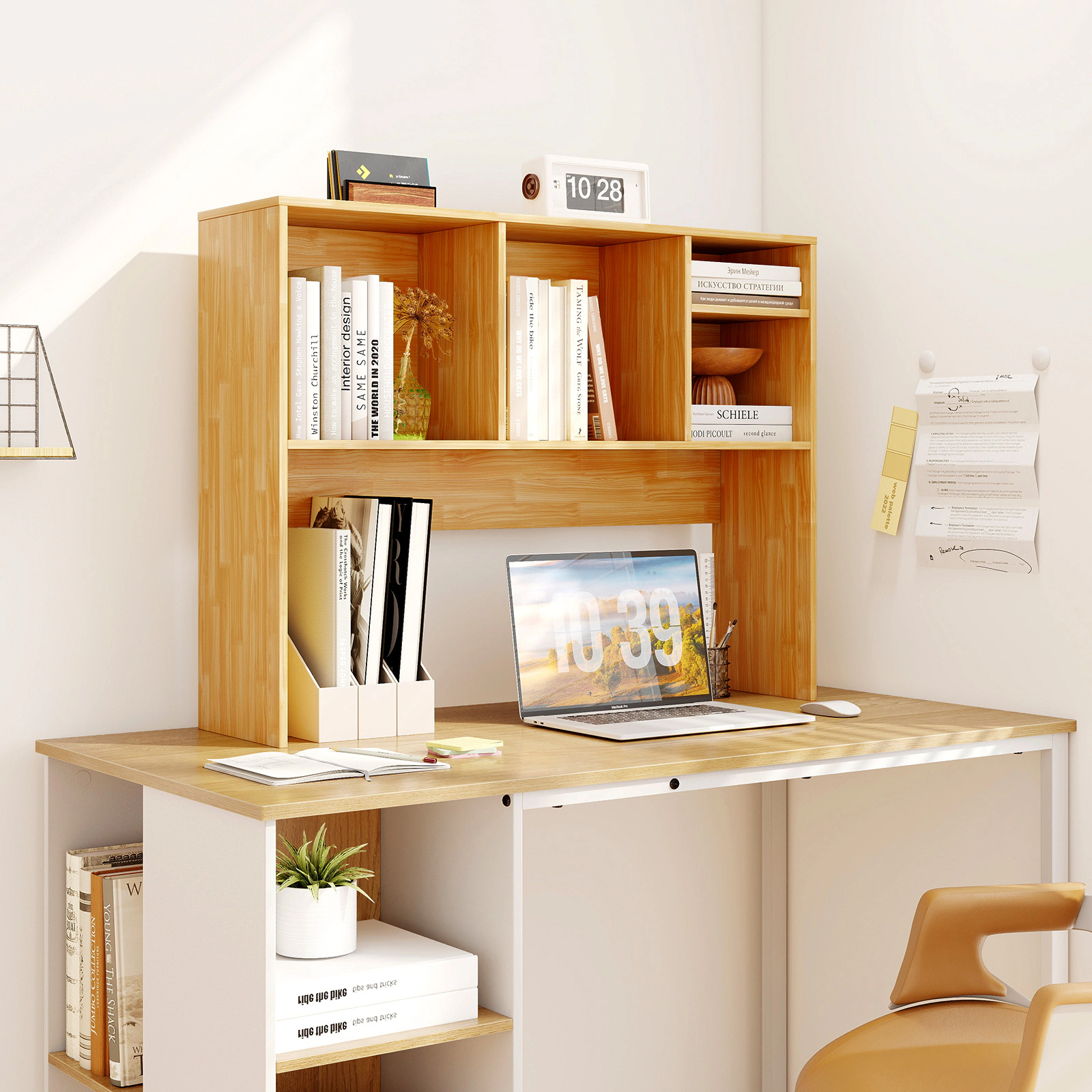 SUGIFT Desktop Bookcase with 4 Cubbies and Open Back Compartment 145-lb Capacity Beige