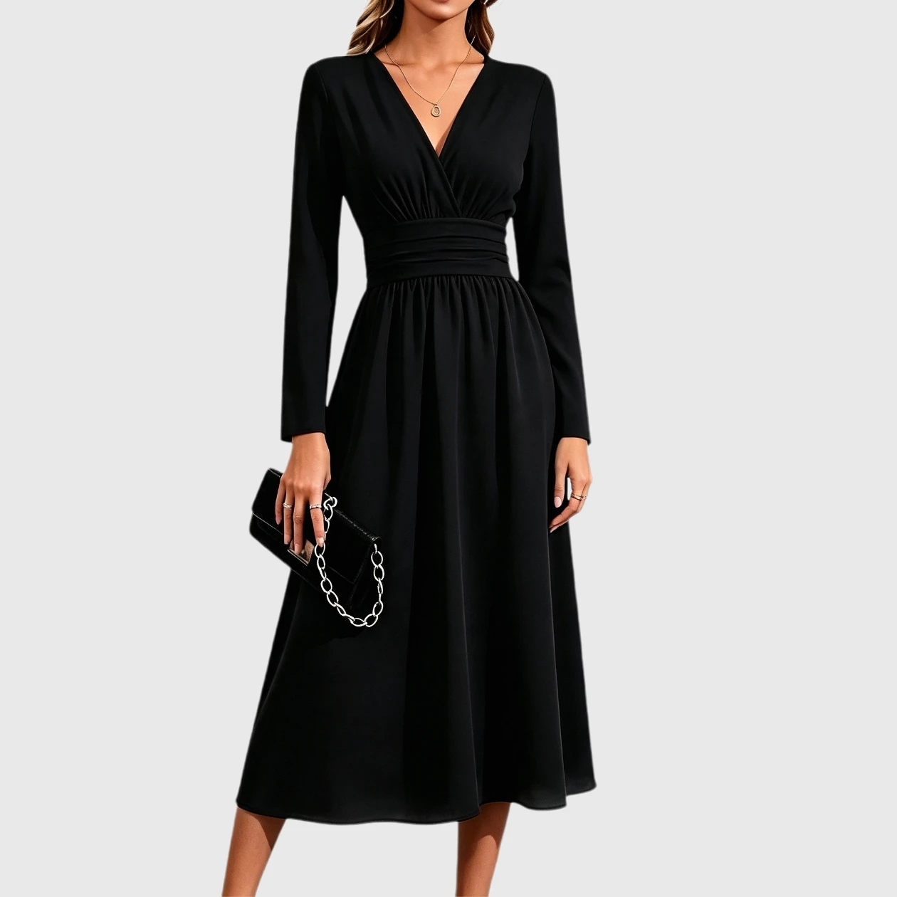 YesFashion Womens V Neck Long Sleeve Midi Dress Elegant Flowy Wedding Guest Holiday Formal Dresses