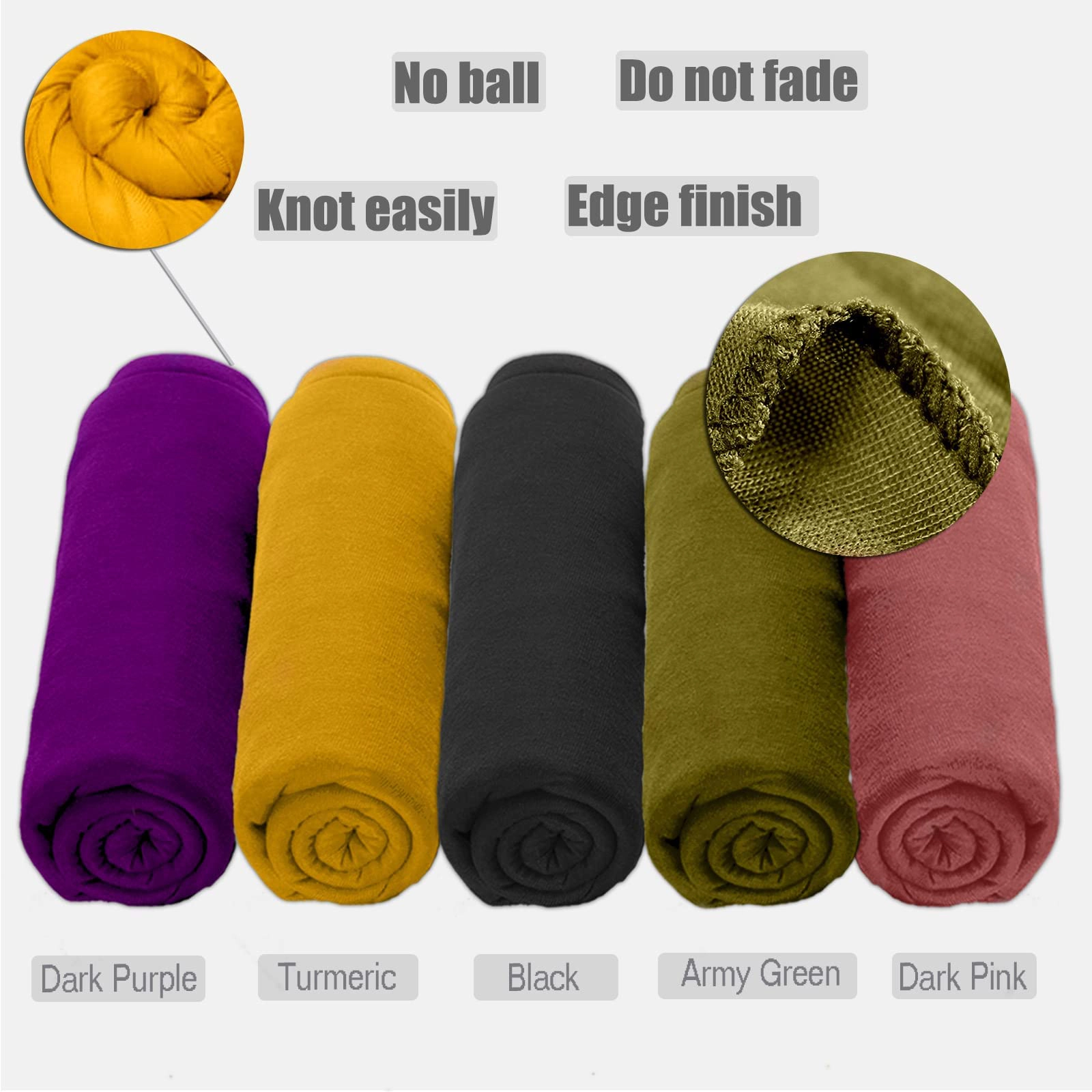 5 Pcs Stretch Jersey Turban Headband for Women, Soft Breathable Lightweight Long Scarf, Comfortable Tie Head Wraps