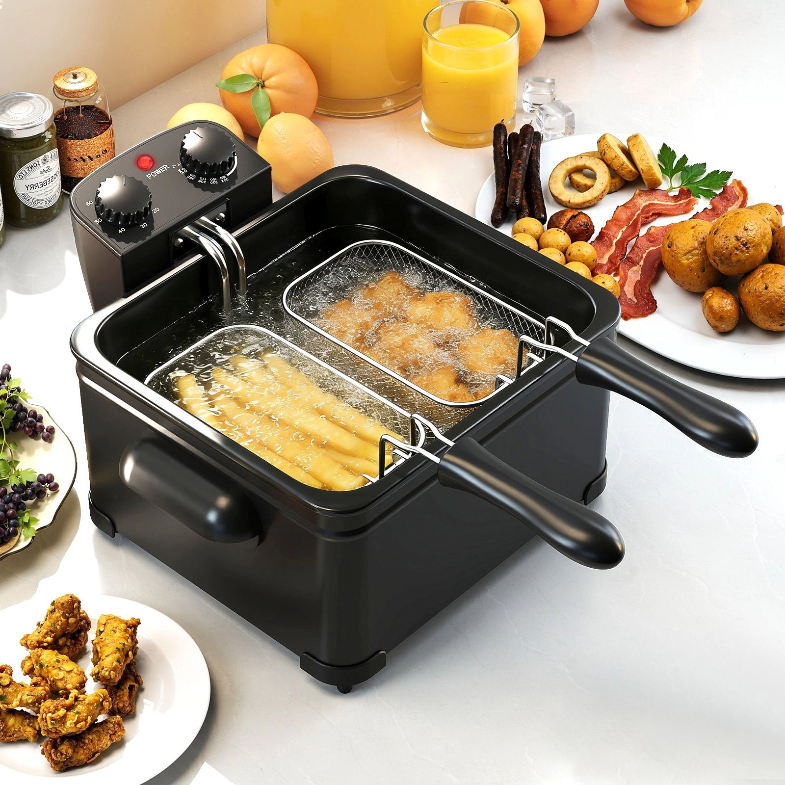 SlickBlue Black Electric Deep Fryer 1700W, 5.3Qt Oil Pot, 3 Baskets, Adjustable Heat