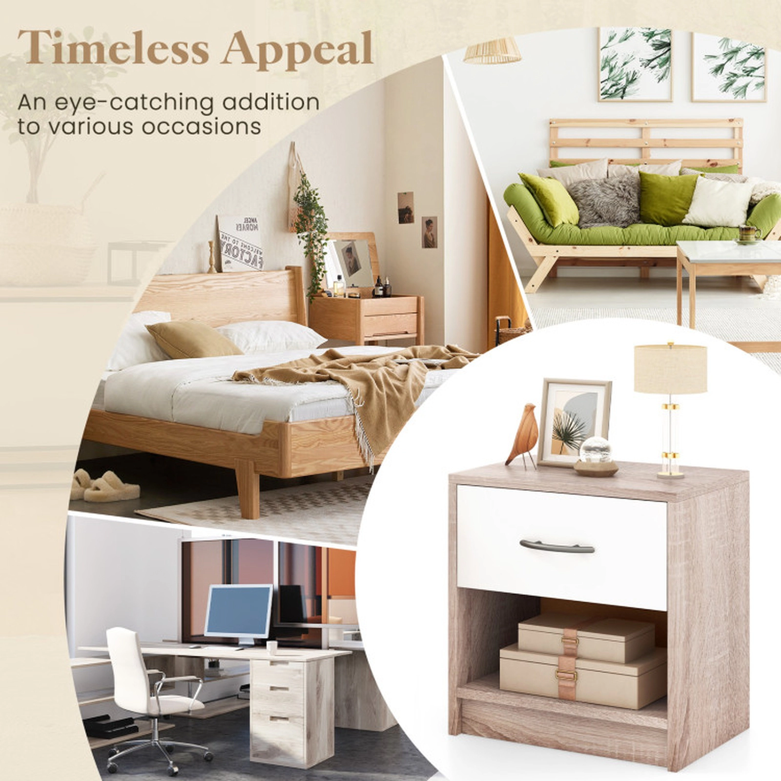 SUGIFT Drawer and Open Storage Shelf Compact Bedside Table Nightstand
