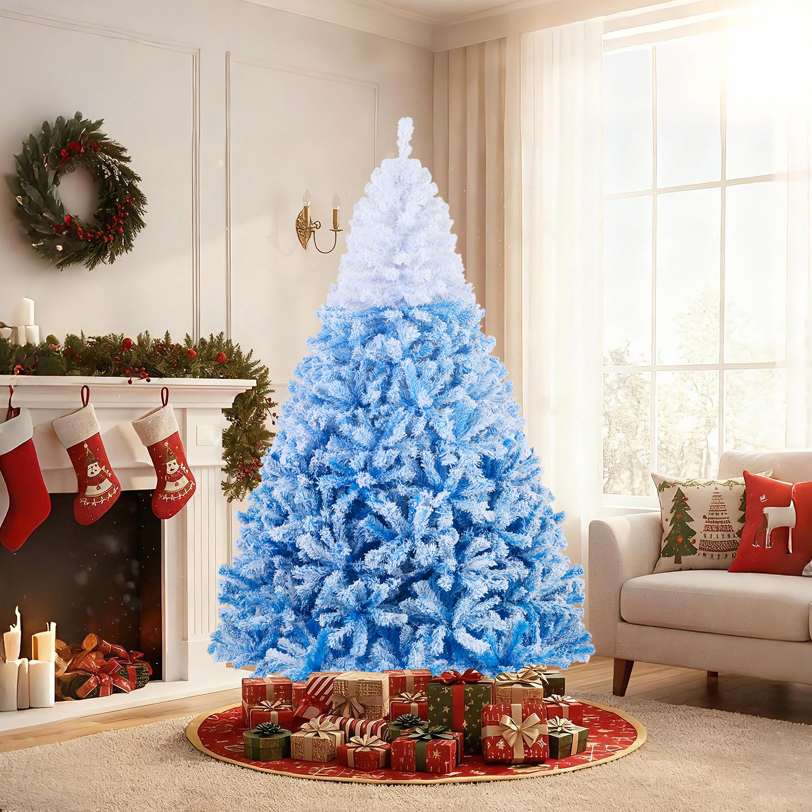 SUGIFT 7-ft Snow Flocked Gradient Pre-Lit Artificial Christmas Tree 1264 Tips 350 Warm White LEDs 3 Sections Blue