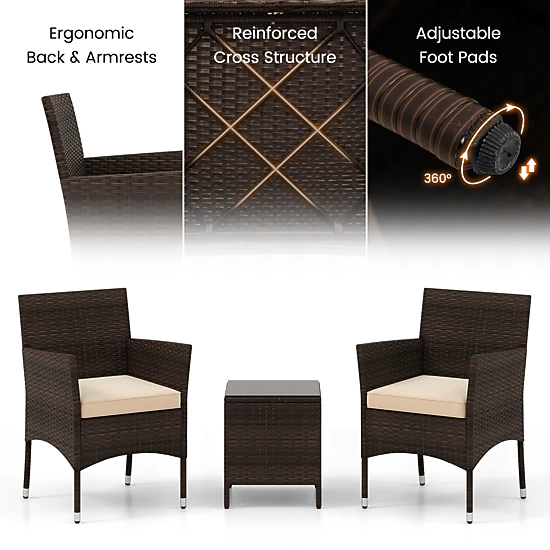Hivvago 3 Pieces Outdoor Conversation Set with Cushioned Seat and Glass Tabletop
