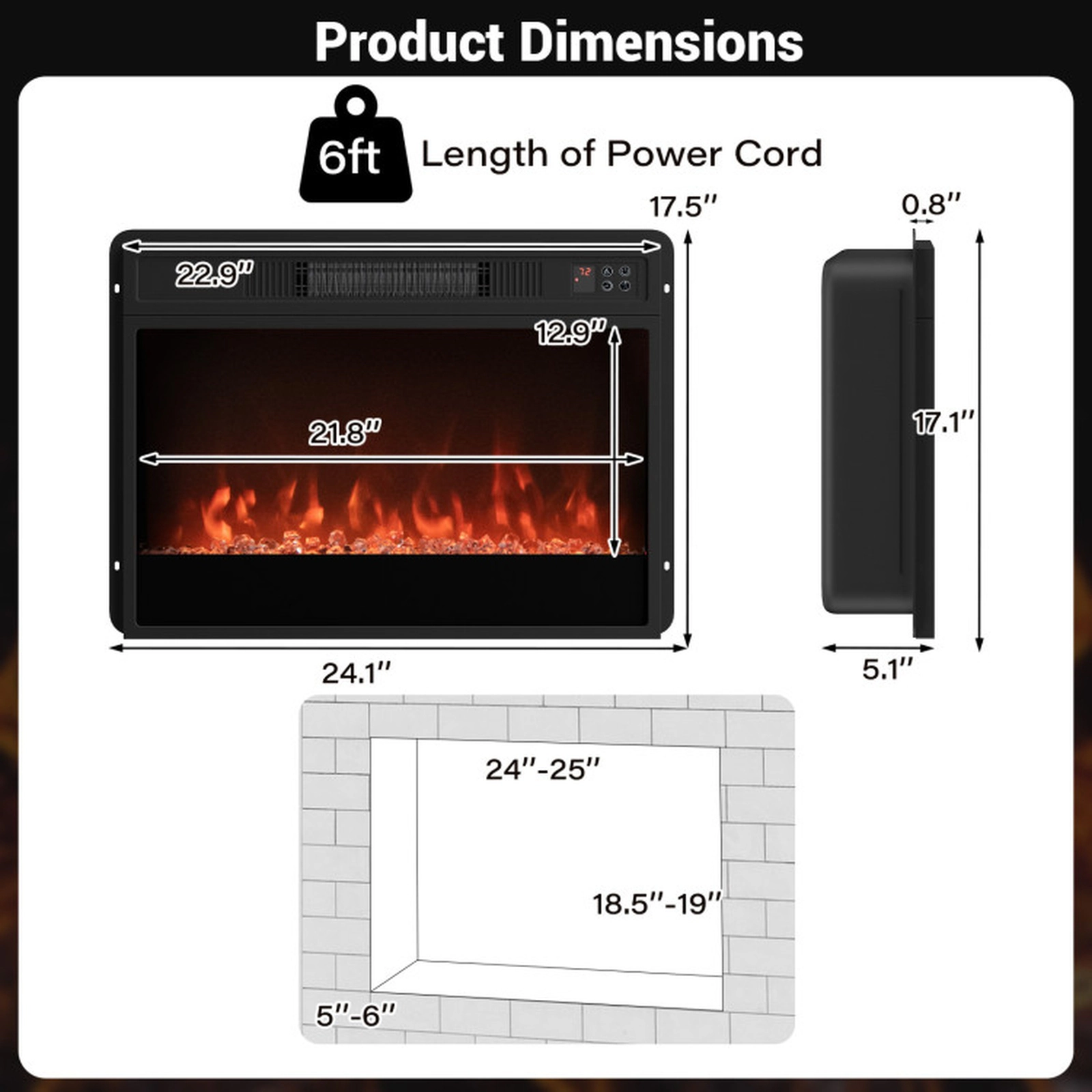 SUGIFT 5000 BTU Electric Fireplace Insert with Thermostat and Remote Control 1400W Metal Tempered Glass Black