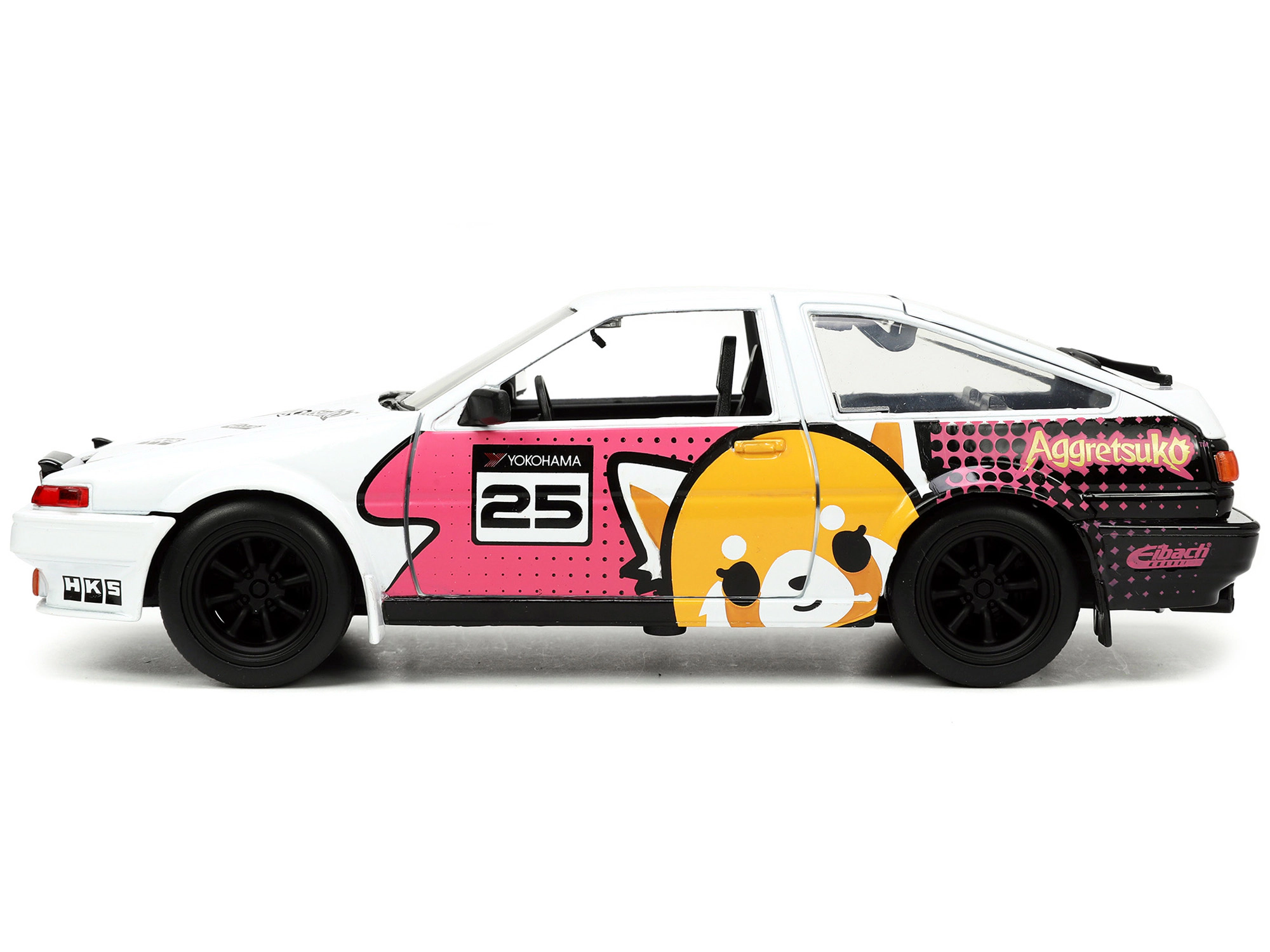 Jada 1986 Toyota Trueno (AE86) RHD (Right Hand Drive) #25 White with Graphics and Aggretsuko Diecast Figure