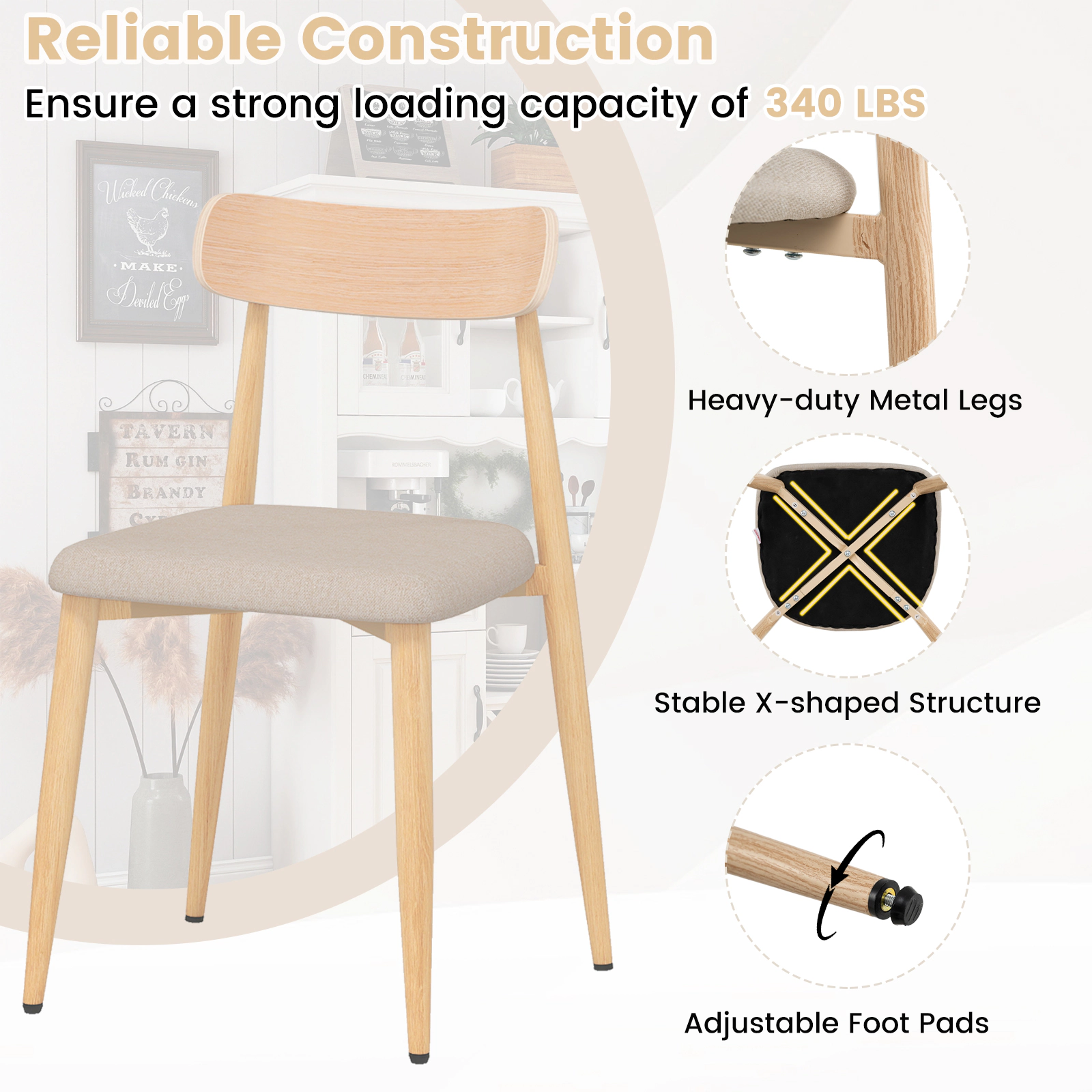SUGIFT Linen Fabric Upholstered Modern Dining Chair Set of 4 with Padded Seat & Curved Back 340-lb Capacity Oak+Oatmeal