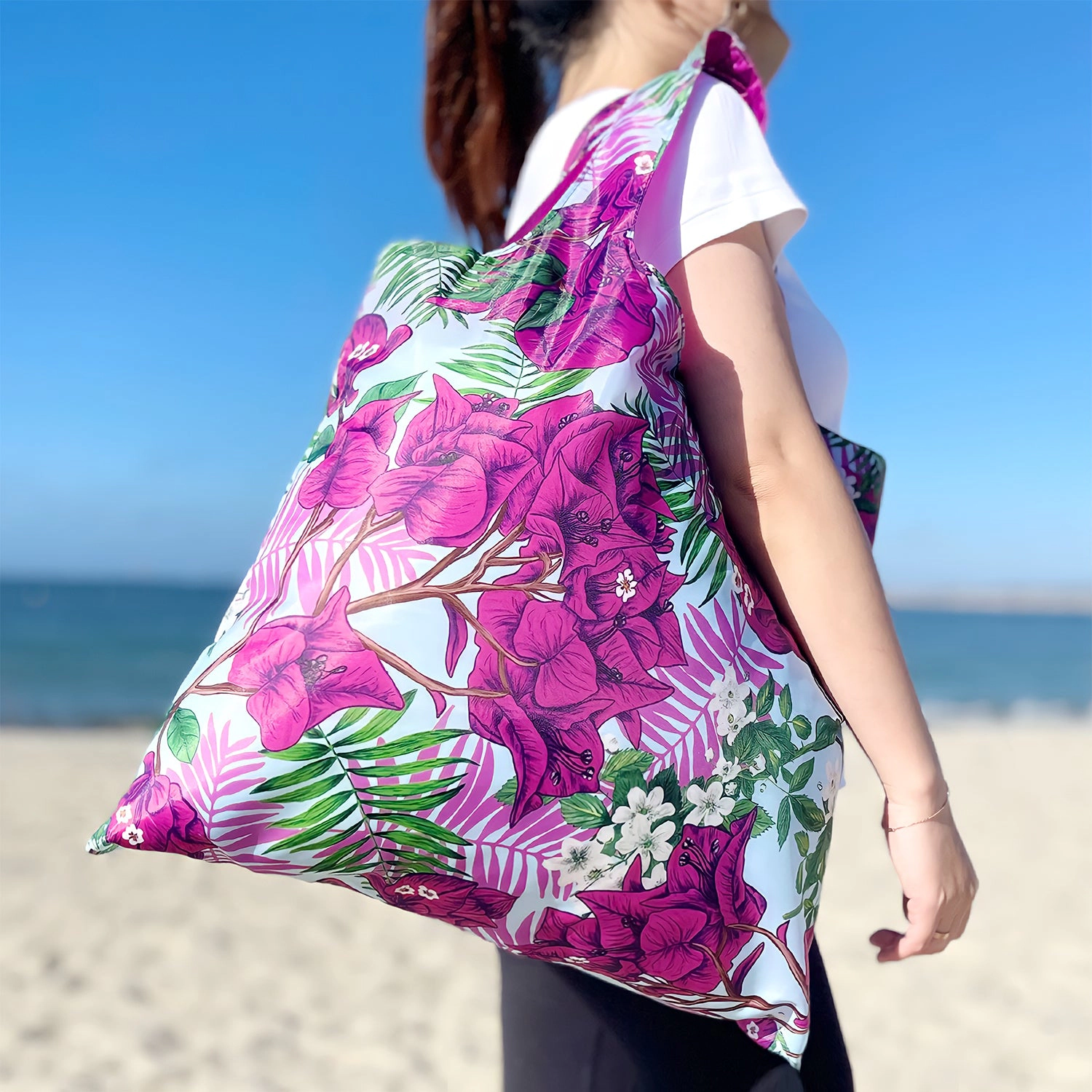 Wrapables AllyBag Collection Reusable Grocery Shopping Bag, Purple Bougainvillea