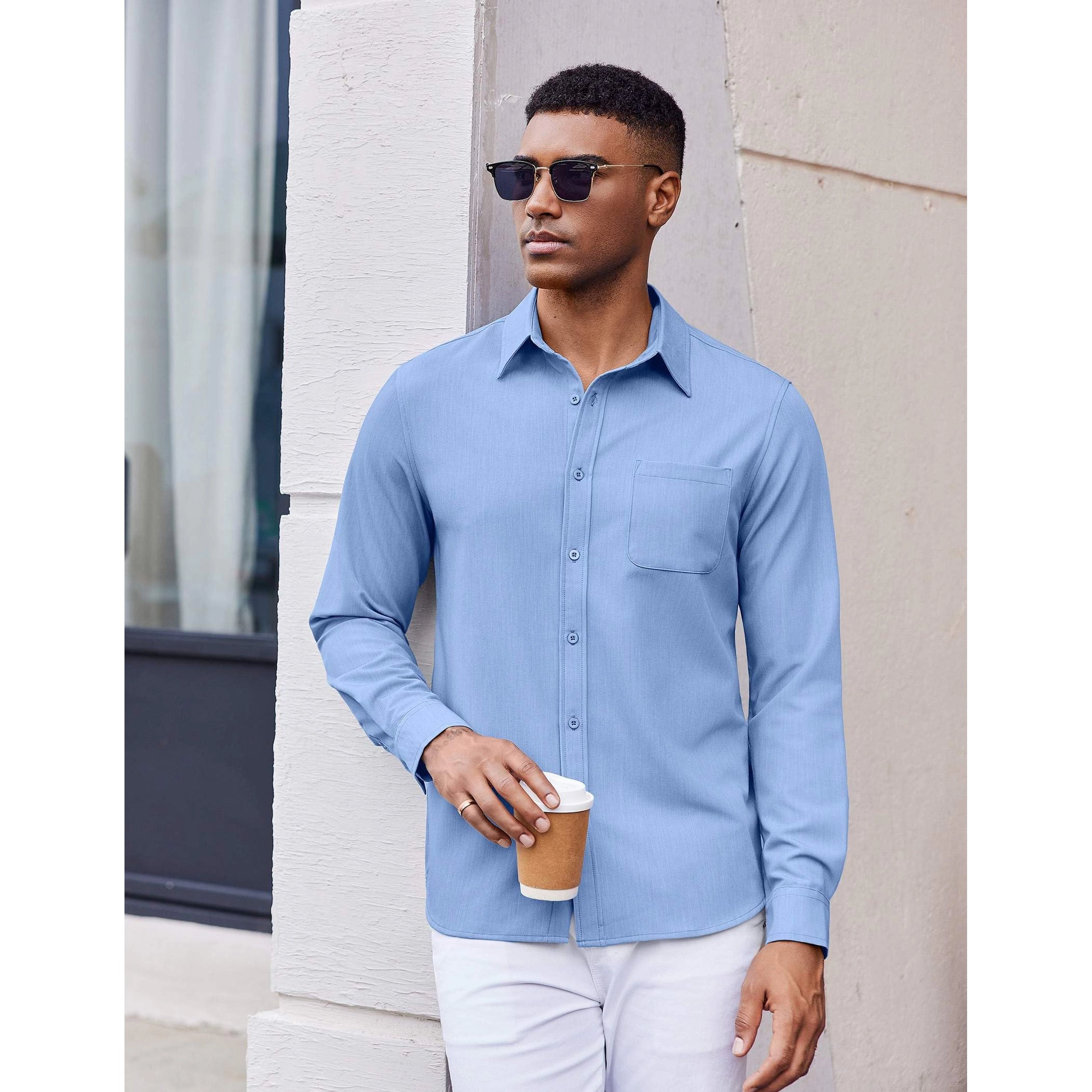 COOFANDY Mens Long Sleeve Button Down Shirt Classic Collar Chest Pocket Casual Tops