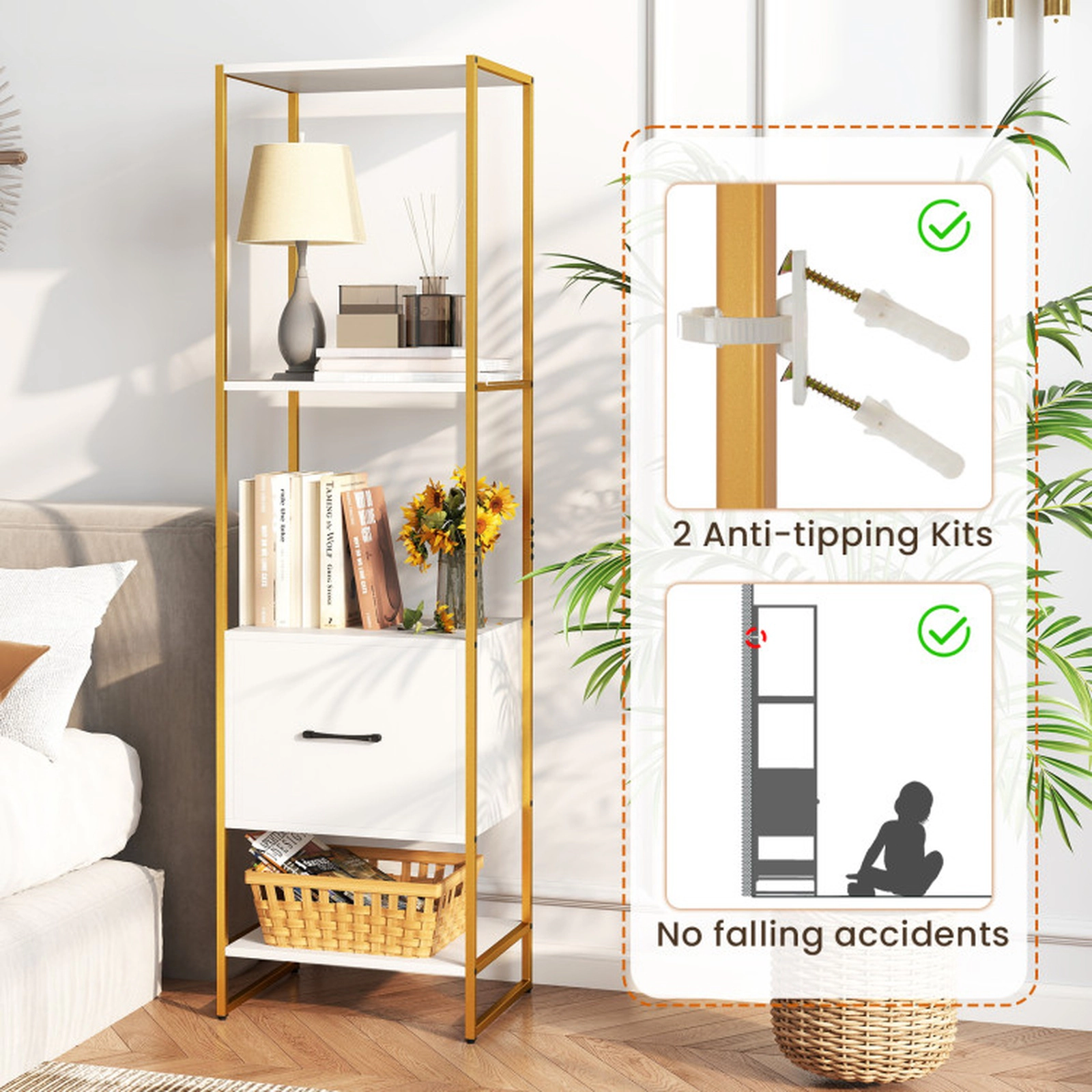 SUGIFT White 5-Tier Narrow Bookcase 62.5 in with 4 Open Shelves and Storage Drawer