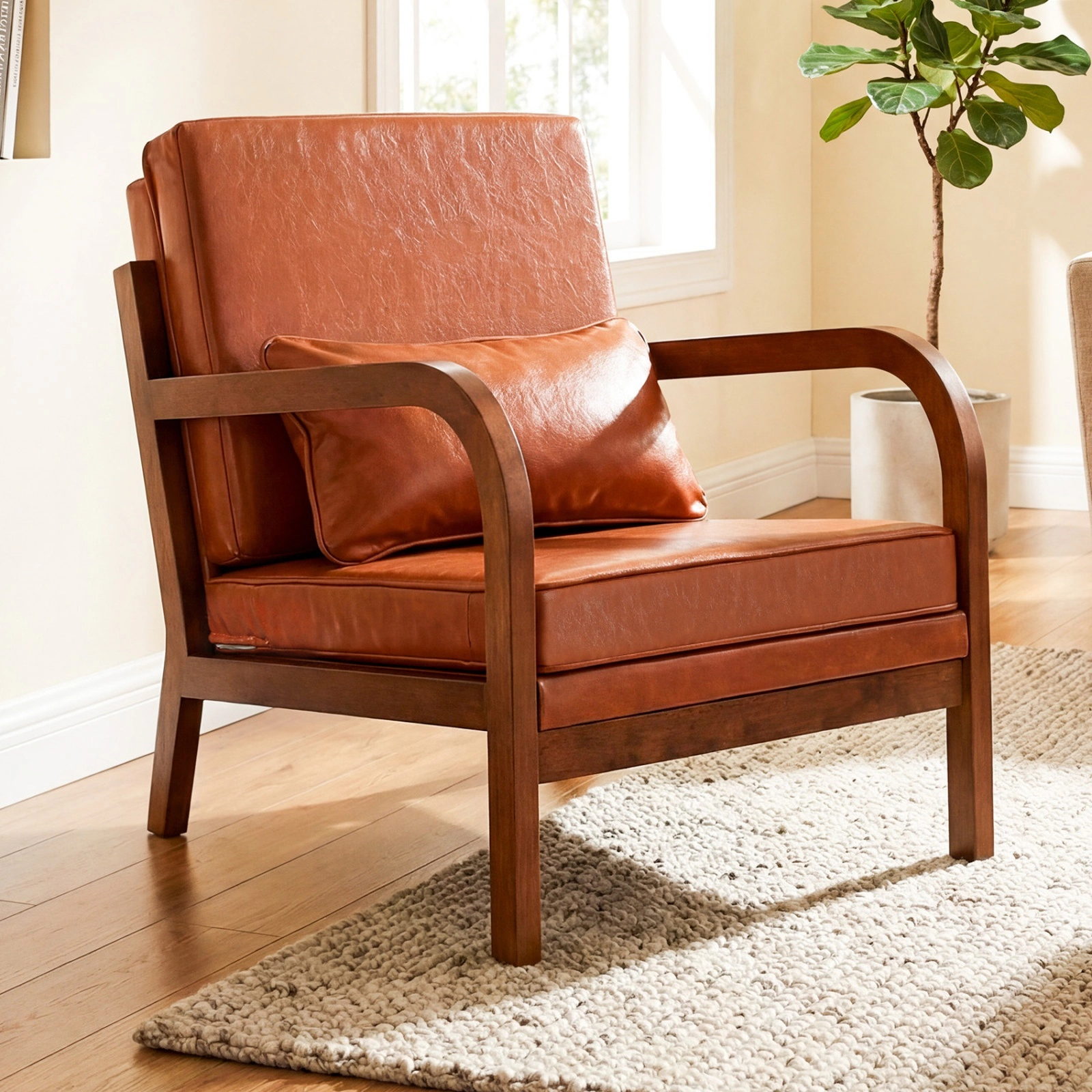 Modern Accent Chair Faux Leather and Linen Upholstered Armchair with Removable Lumbar Pillow Rubber Wood Frame Brown