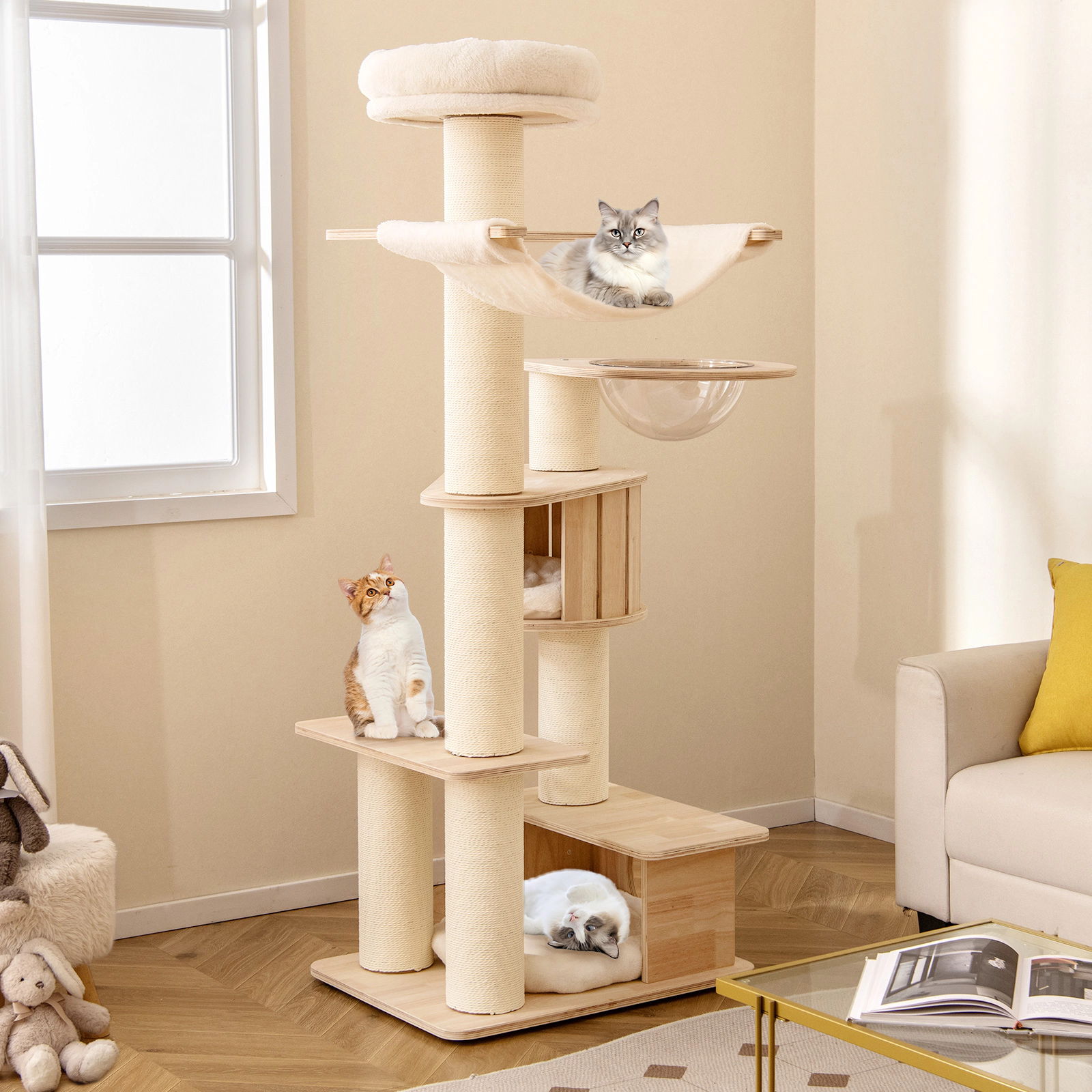SUGIFT 69-in Cat Tree for Large Indoor Cats with Space Capsule U-Shaped Hammock Round Condo and Perch