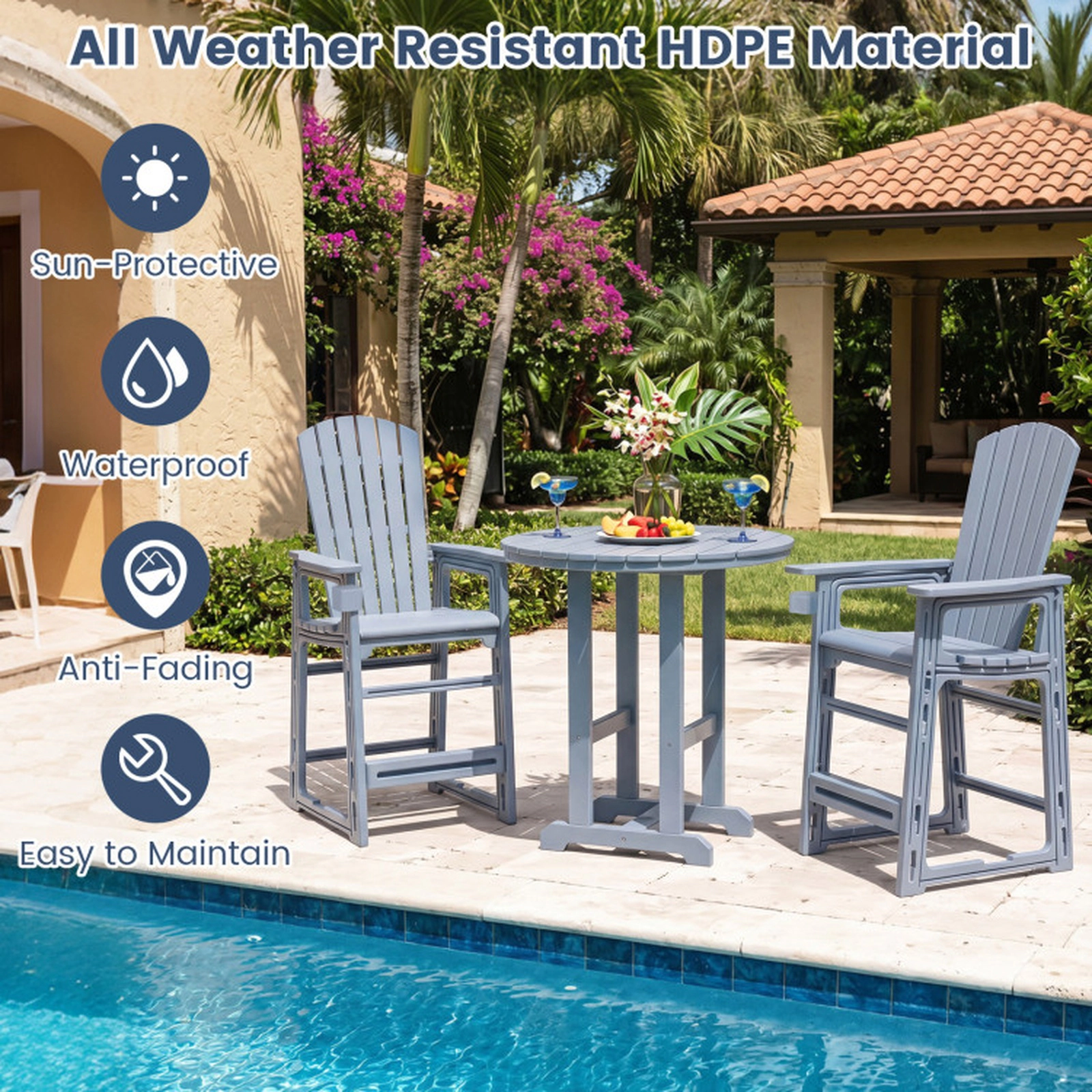 SUGIFT Gray HDPE Adirondack Bar Stool, 29-Inch Seat, Cup Holder, 440-Lb Capacity